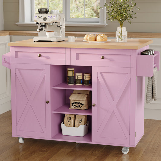 HLR 51.7" W Rolling Kitchen Islands Cart, Adjustable Shelves, Breakfast Bar, Storage Cabinets,Pink