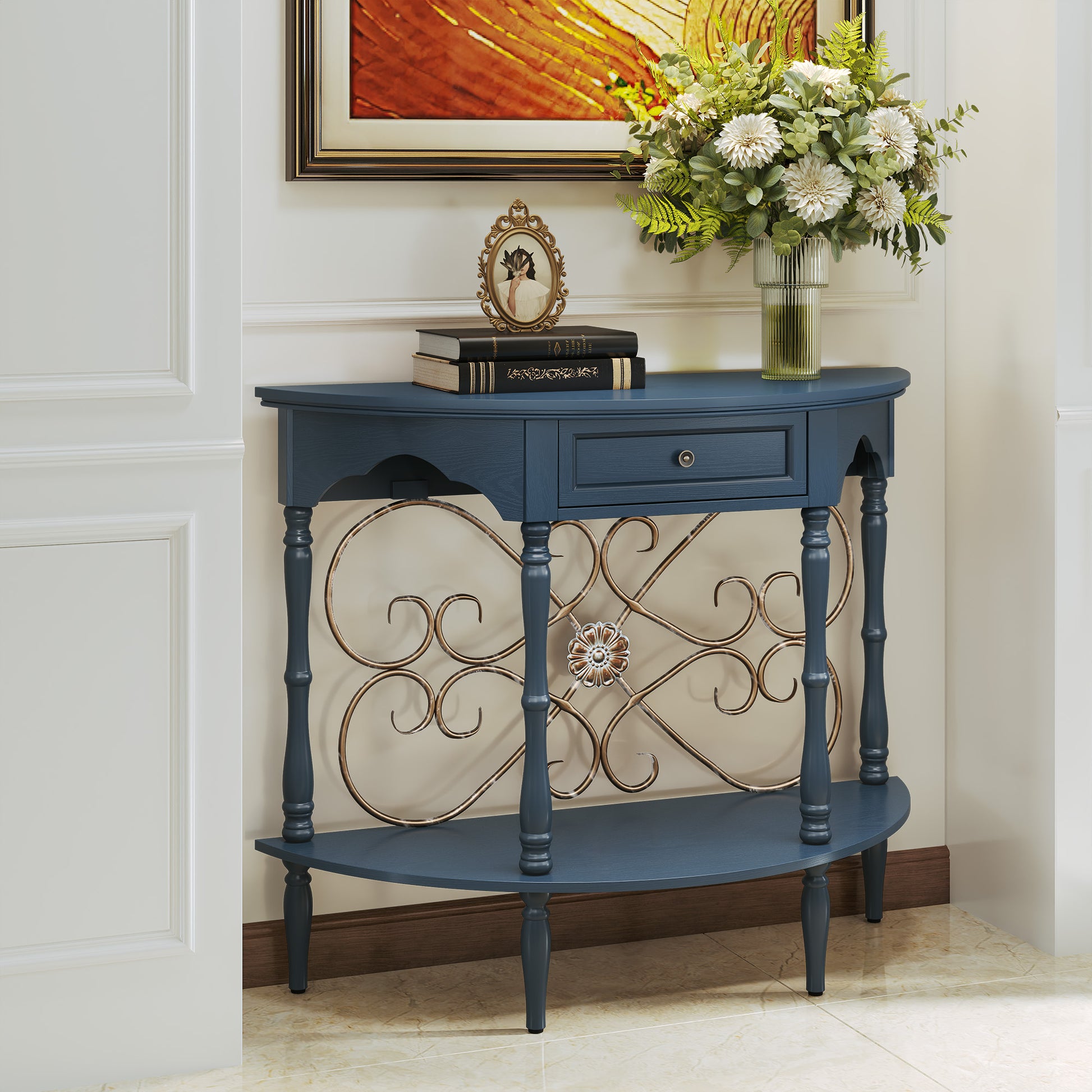 HLR 40" Mid Century Console Table with Drawer, Assembled Entryway Table with Storage for Hallway, Blue
