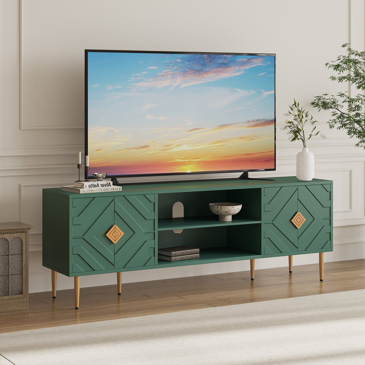 HLR Modern 70" TV Stand, for TVs up to 80", Living Room Entertainment Center with 4 Door Storage Cabinet, Green
