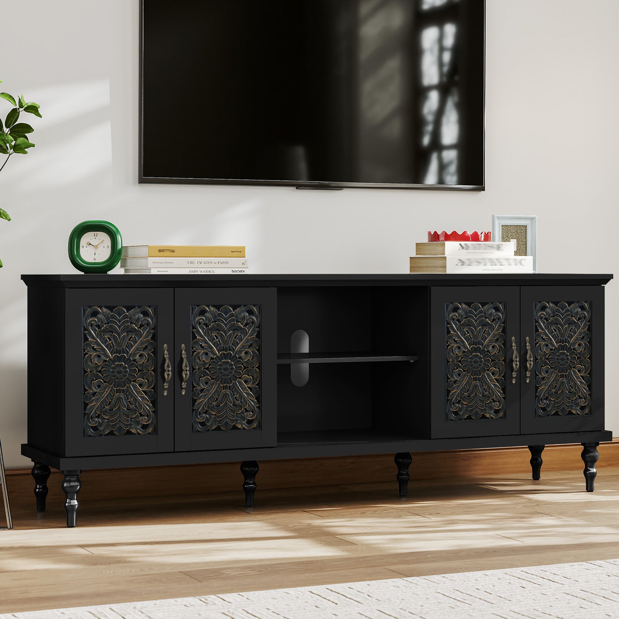 HLR Retro 67" TV Stand, for TVs up to 75", Living Room Entertainment Center with Carved Storage Cabinet, Black
