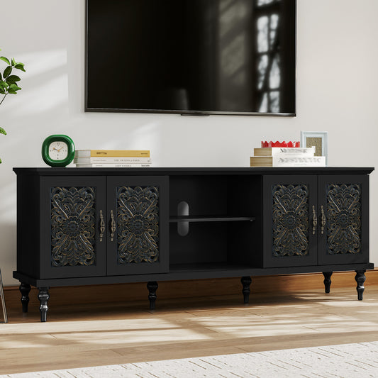 HLR Retro 67" TV Stand, for TVs up to 75", Living Room Entertainment Center with Carved Storage Cabinet, Black