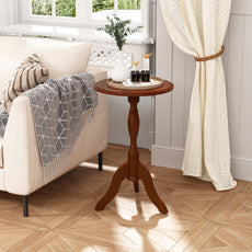 HLR Round Small End Table, Wooden Pedestal Side Coffee Table, Vintage Accent Nightstand for Living Room, Entryway, Brown