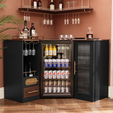 HLR Modern Corner Bar Cabinets with Mini Fridge Space, Wine Glass Rack, Storage Drawers, Black