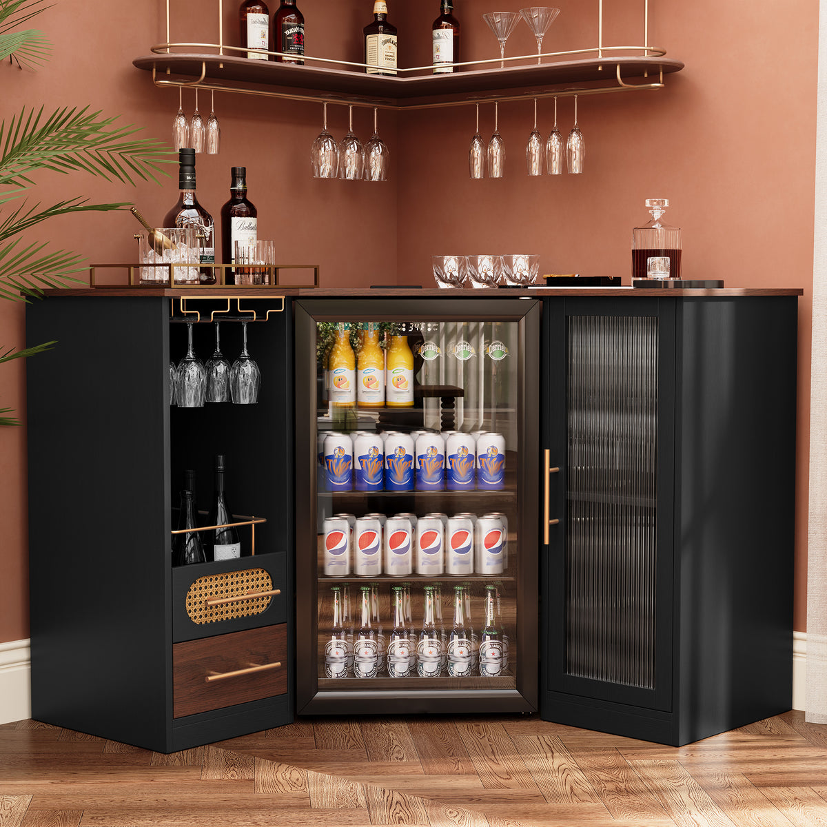 HLR Modern Corner Bar Cabinets with Mini Fridge Space, Wine Glass Rack, Storage Drawers, Black