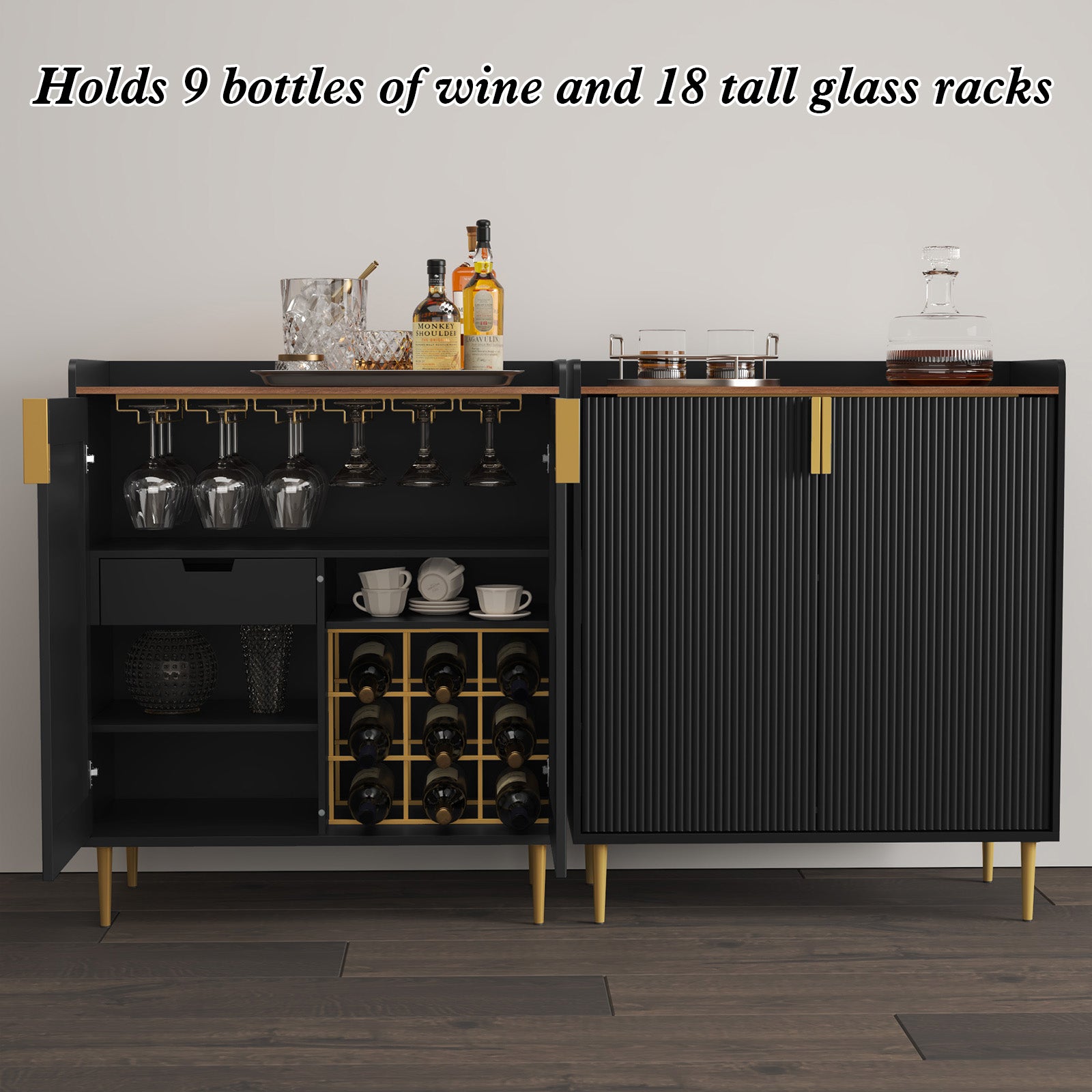 HLR 32"W Wine Bar Cabinet with 2 Door Fluted Texture, Modern Coffee Cabinet with Rack&Glass Holder, Black.