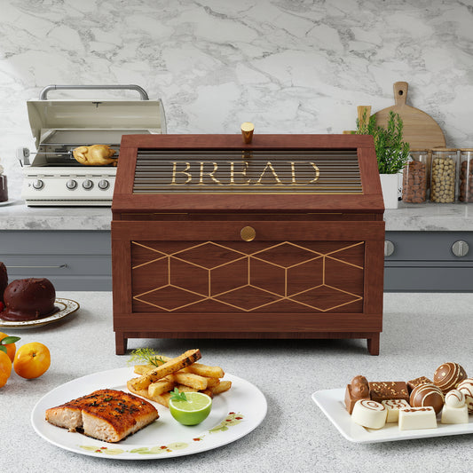 CBJCBJ 15.1" Gold-Trimmed Wooden Bread Box, Double Layer Kitchen Counter Organizer, Vintage Farmhouse Storage,Brown