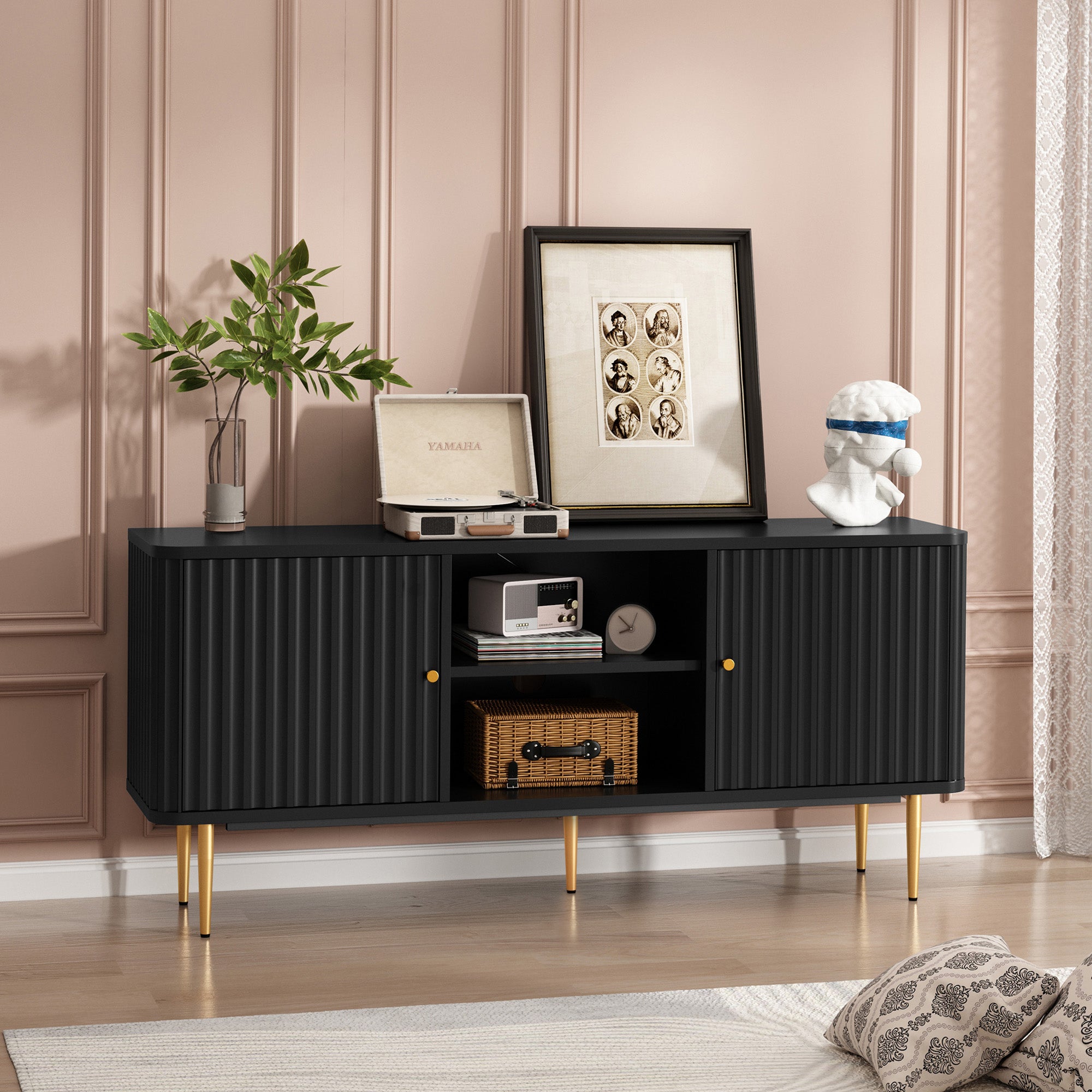 HLR Modern Fluted 55" TV Stand for 65 Inch TV with Storage, Entertainment Center for Living Room, Black
