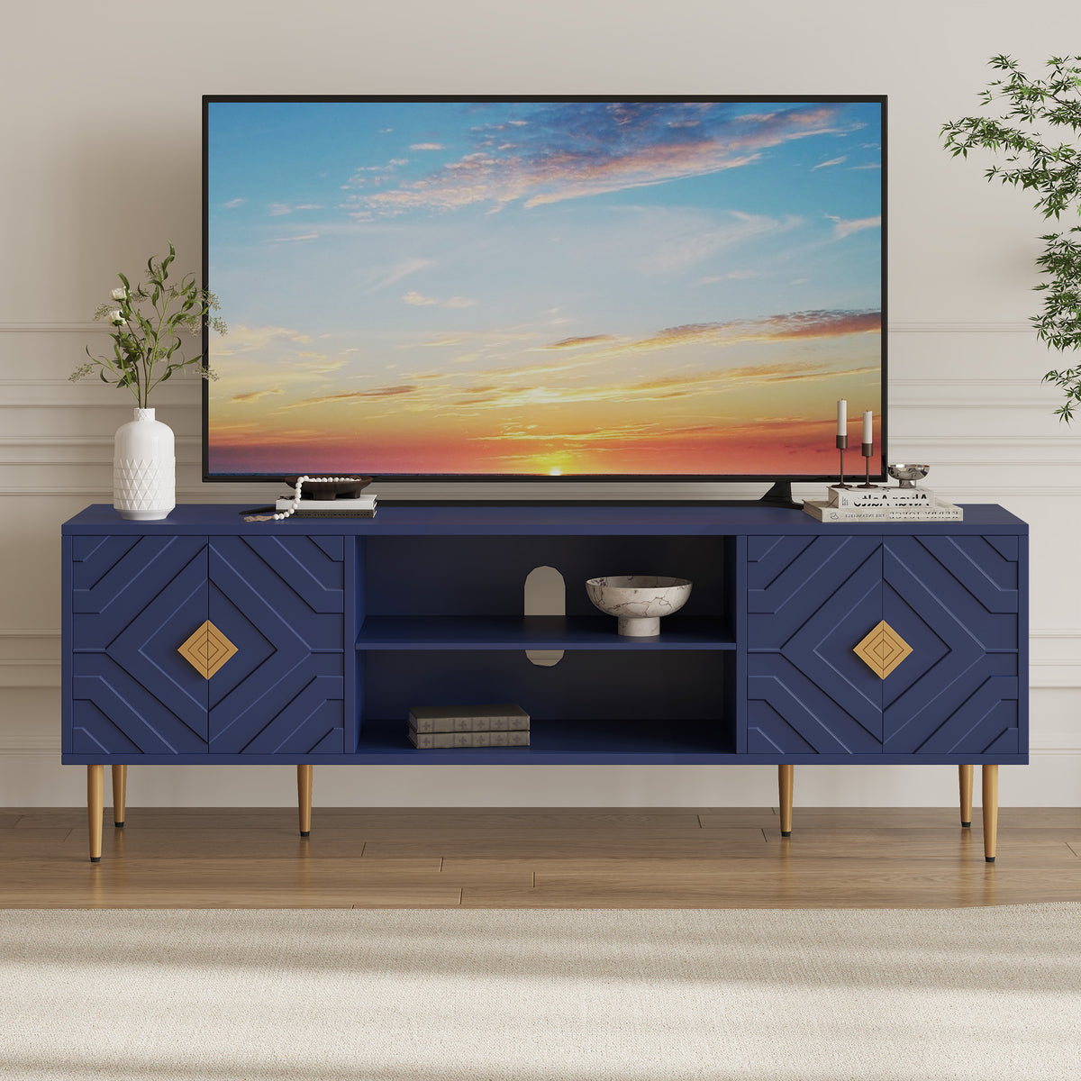 HLR Modern 70" TV Stand, for TVs up to 80", Living Room Entertainment Center with 4 Door Storage Cabinet, Blue