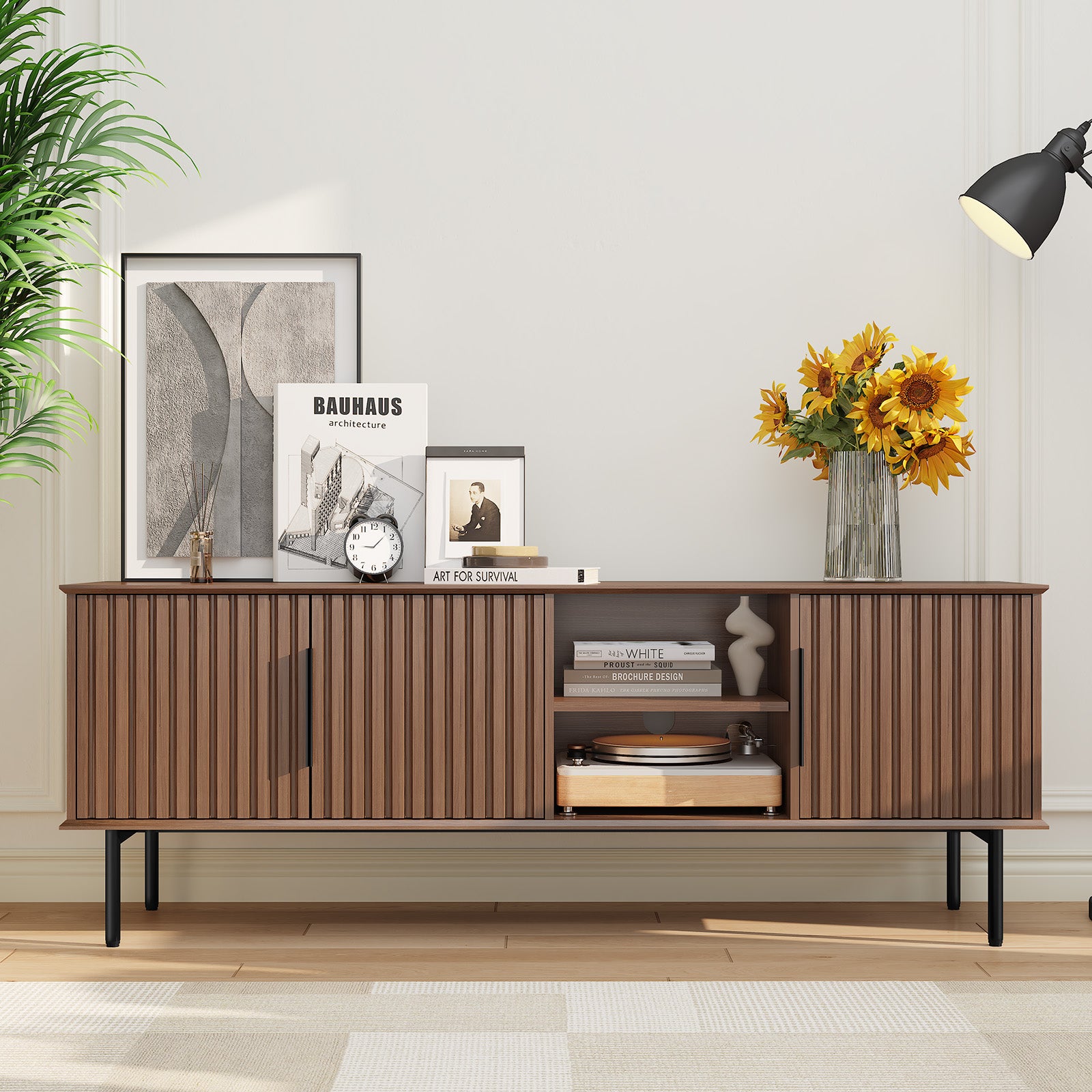 HLR Mid Century Fluted 66" TV up to 75" Stand with Storage, Modern Wooden Entertainment Center Console for Living Room, Brown
