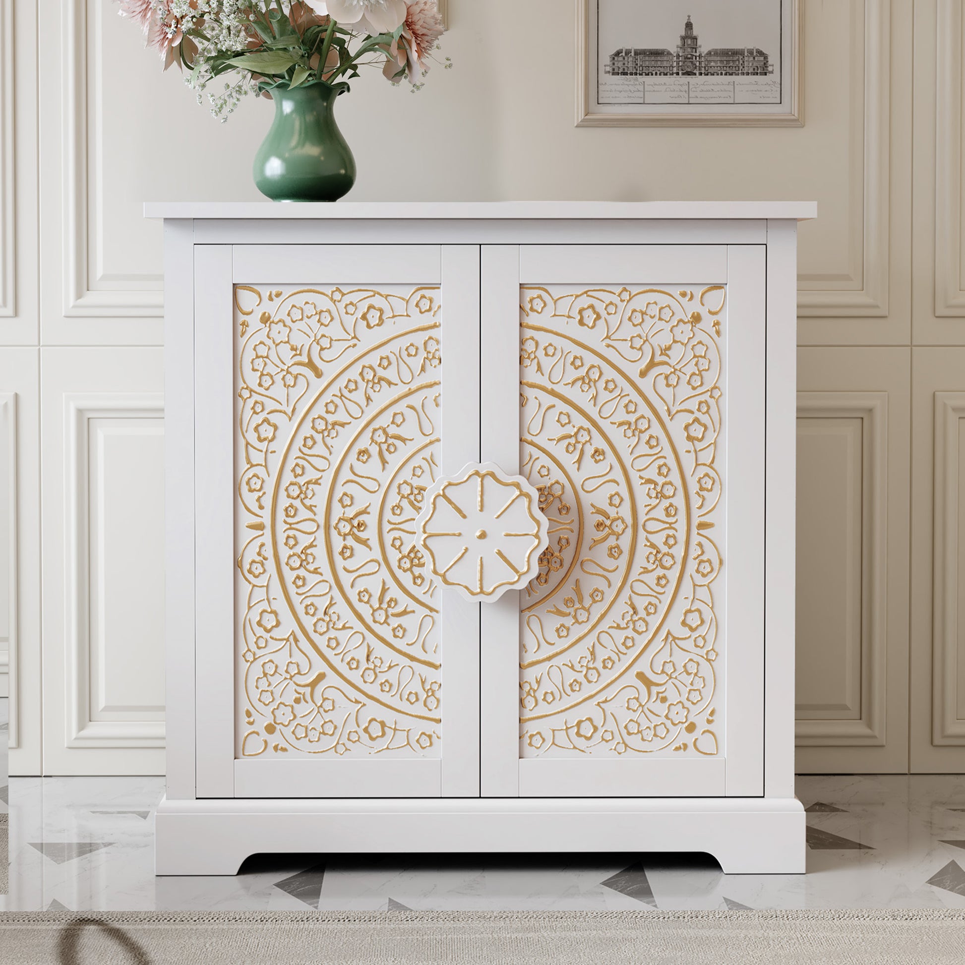 CBJCBJ 31.5" Kitchen Sideboard Buffet Cabinet with 2 Door Storage, Mid-Century Accent Cabinet for Living Room,White