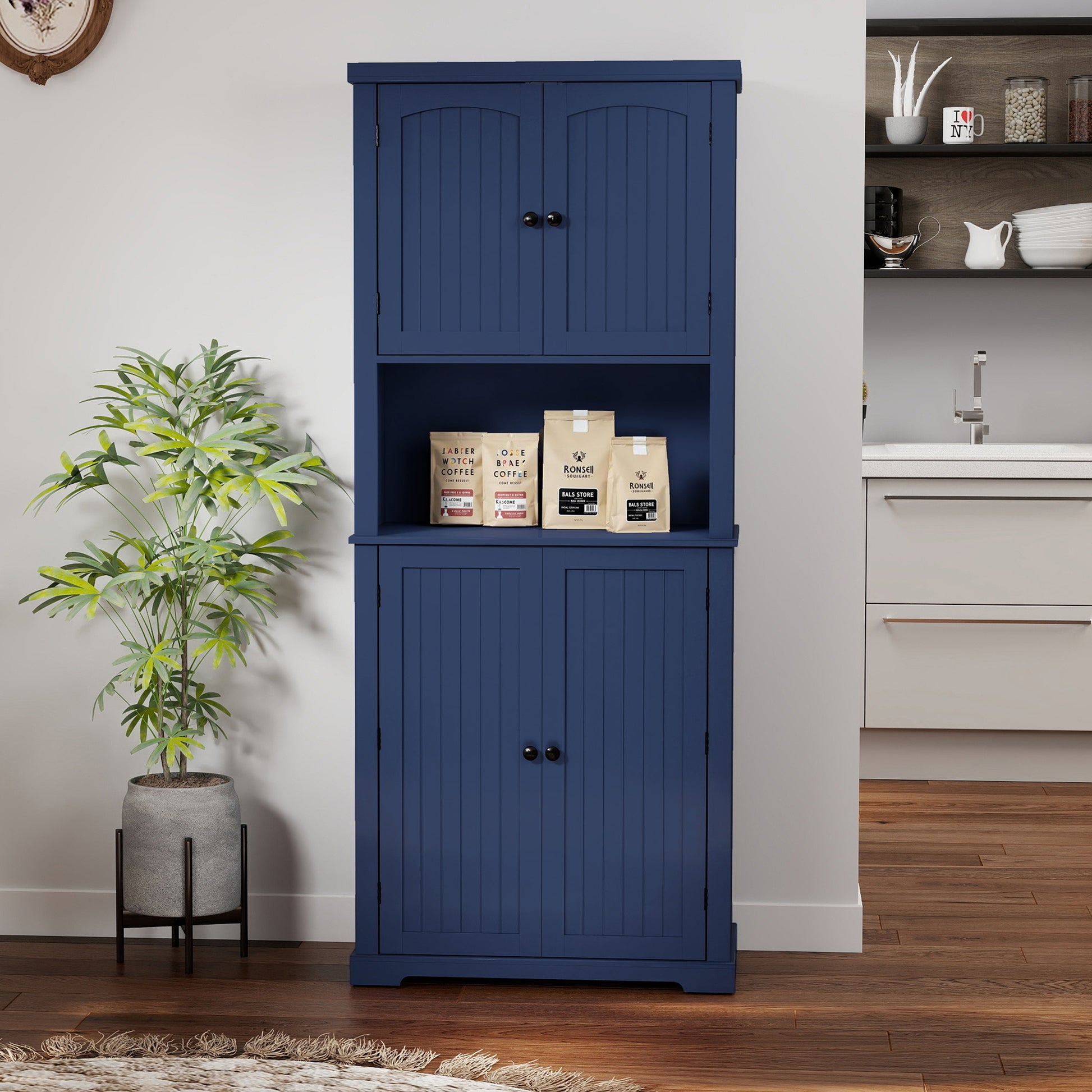 HLR 72" Kitchen Pantry Cabinet, Freestanding Pantry Storage Cabinet with Hutch & Shelves, Navy Blue