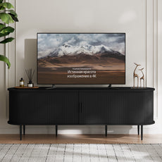 HLR 63" Black TV Stand for 75" TV, Wood Entertainment Center with 2 Sliding Tambour Doors Storage, Mid-Century