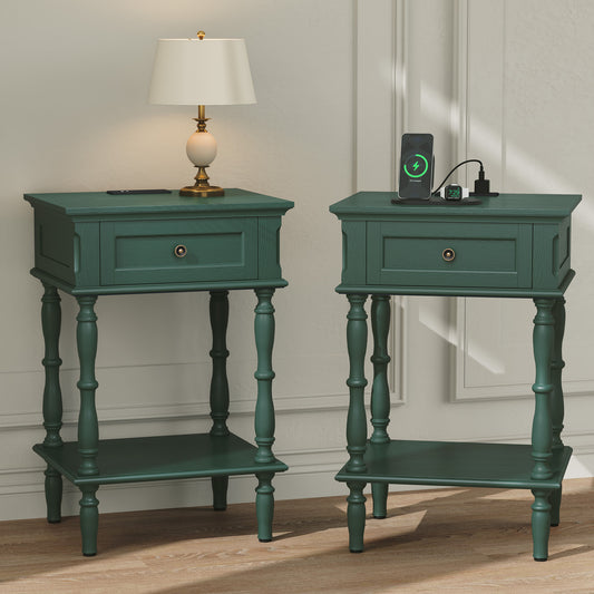 CBJCBJ Modern Minimal Assembly Nightstands Set of 2, Side Table with Drawer and Socket, for Bedroom, Living Room,Green