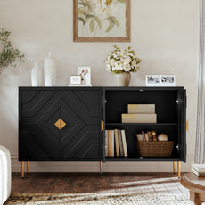 HLR 58" Modern Accent Sideboard Cabinet, 4 Doors, Adjustable Shelves, Fluted Storage Cabinet, Black