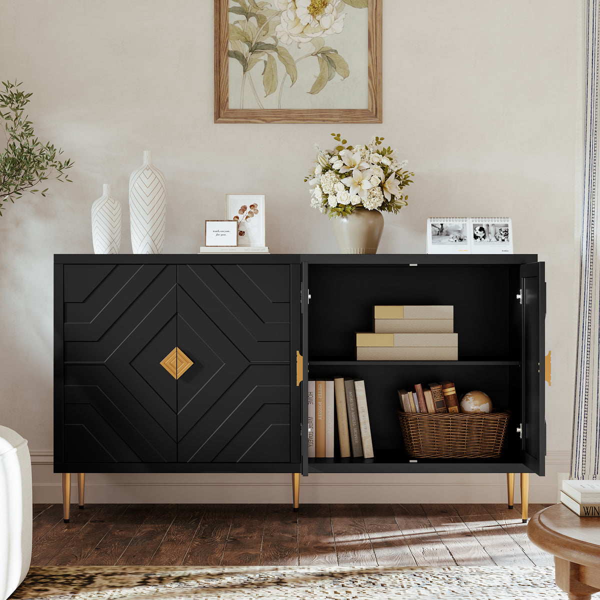 HLR 58" Modern Accent Sideboard Cabinet, 4 Doors, Adjustable Shelves, Fluted Storage Cabinet, Black