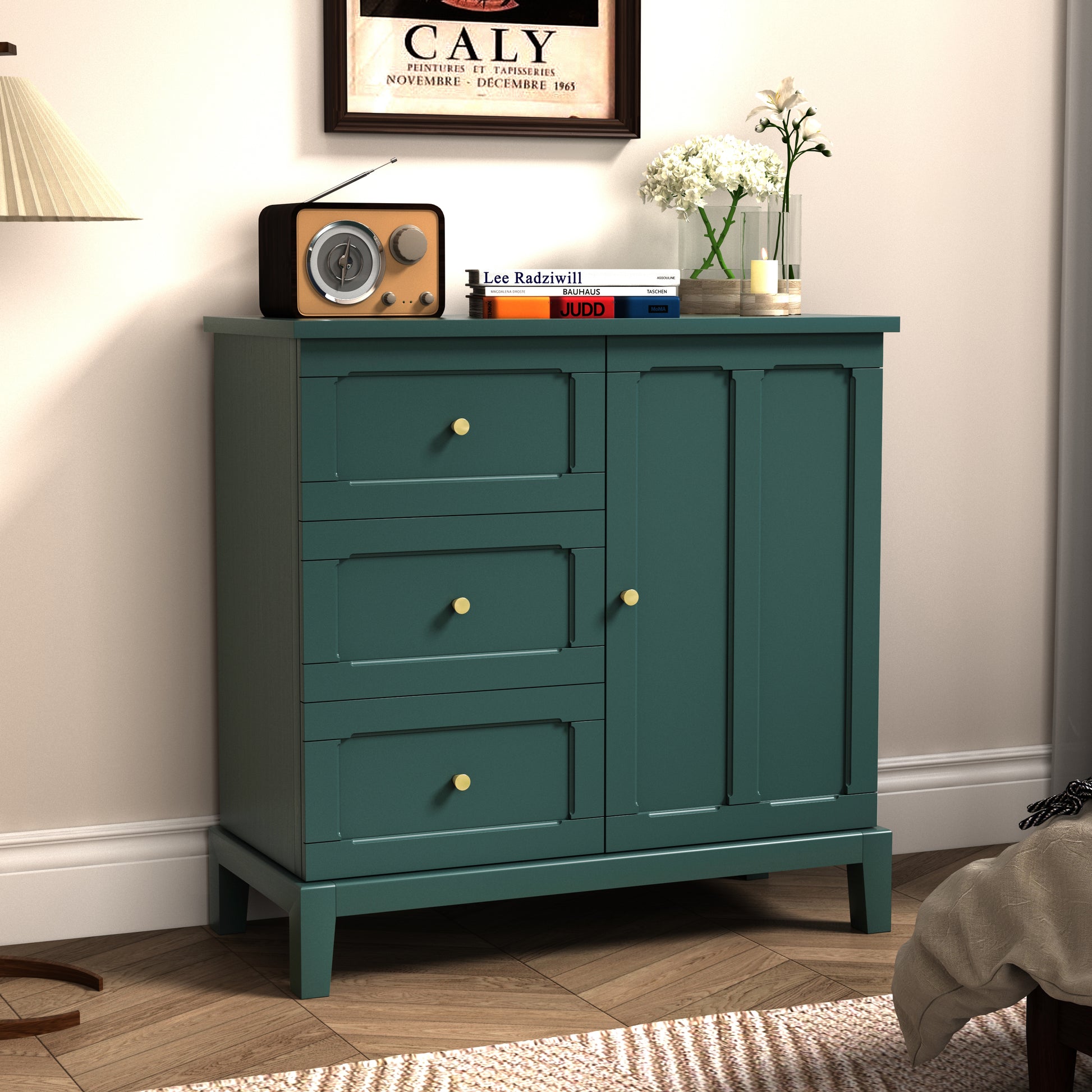 CBJCBJ 31.7"Storage Cabinet, Classical 3 Drawers & 1 Door Design with Gold-Tone Handles, Multi-Use Organizer for Living Room, Kitchen, Bathroom