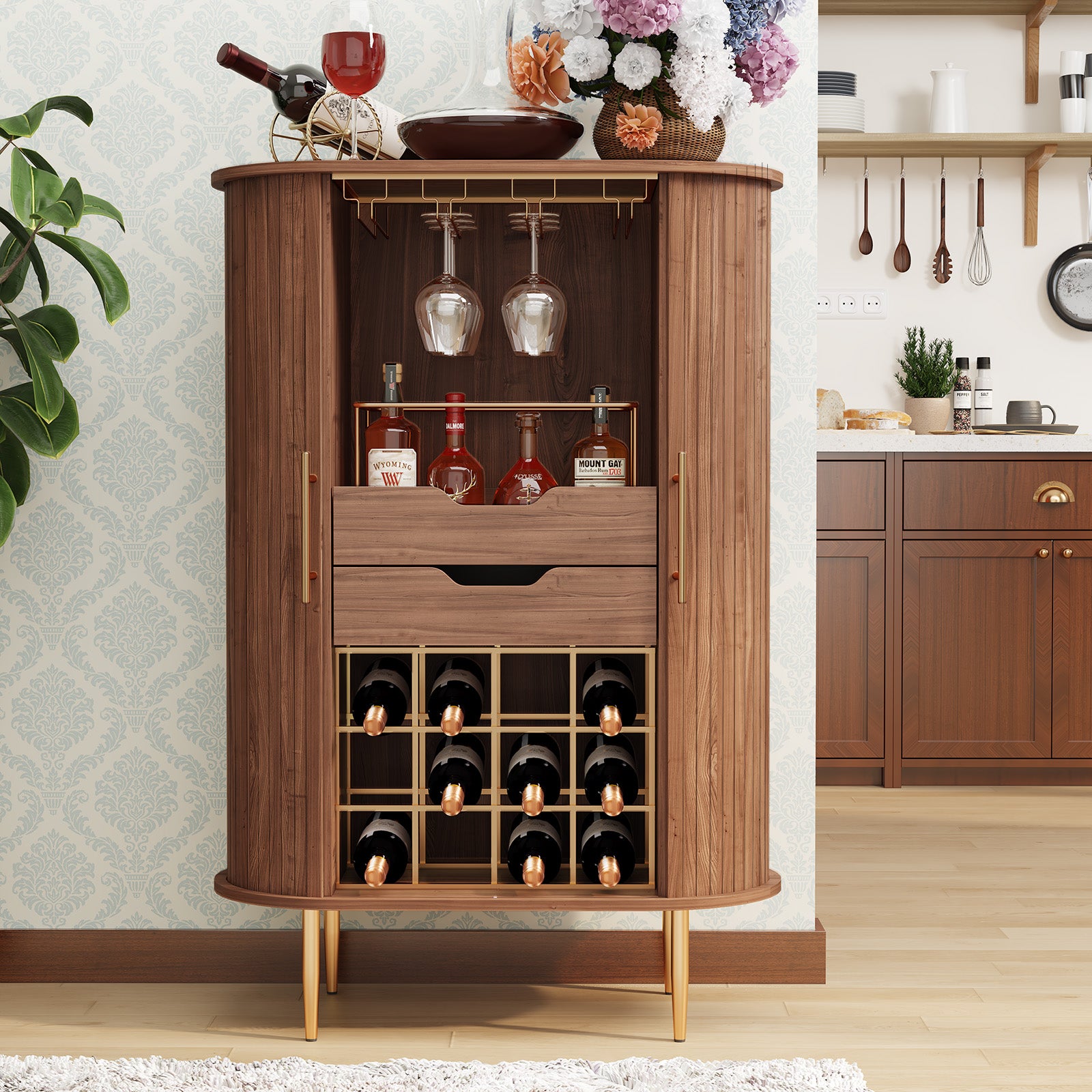 CBJCBJ Bar Cabinet with Tambour Door, Wood Liquor Cabinet with 16 Wine Racks and Adjustable Shelves, Brown
