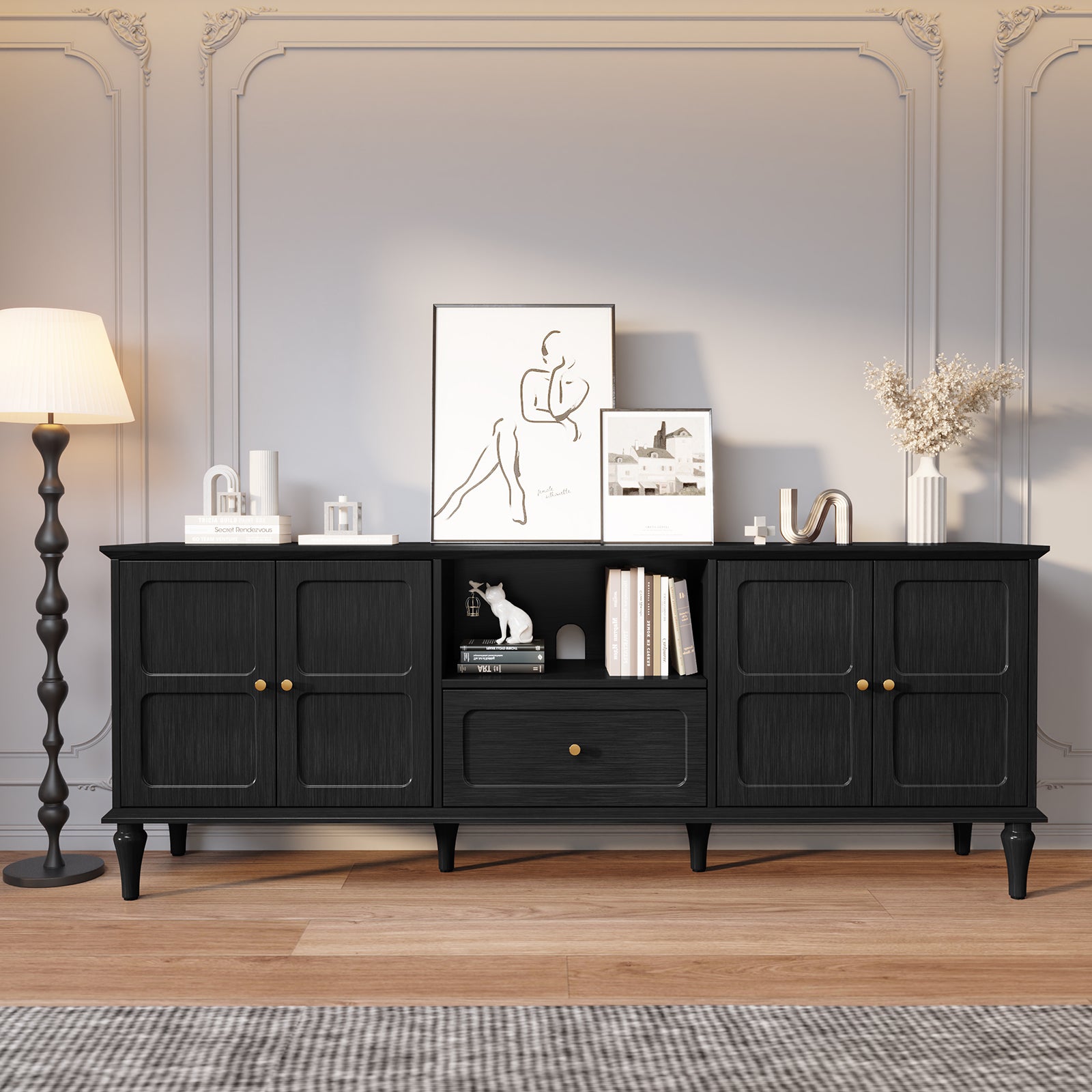 HLR Mid Century 67" TV Stand, for TVs up to 75", Living Room Entertainment Center with 4 Door Storage Cabinet, Black