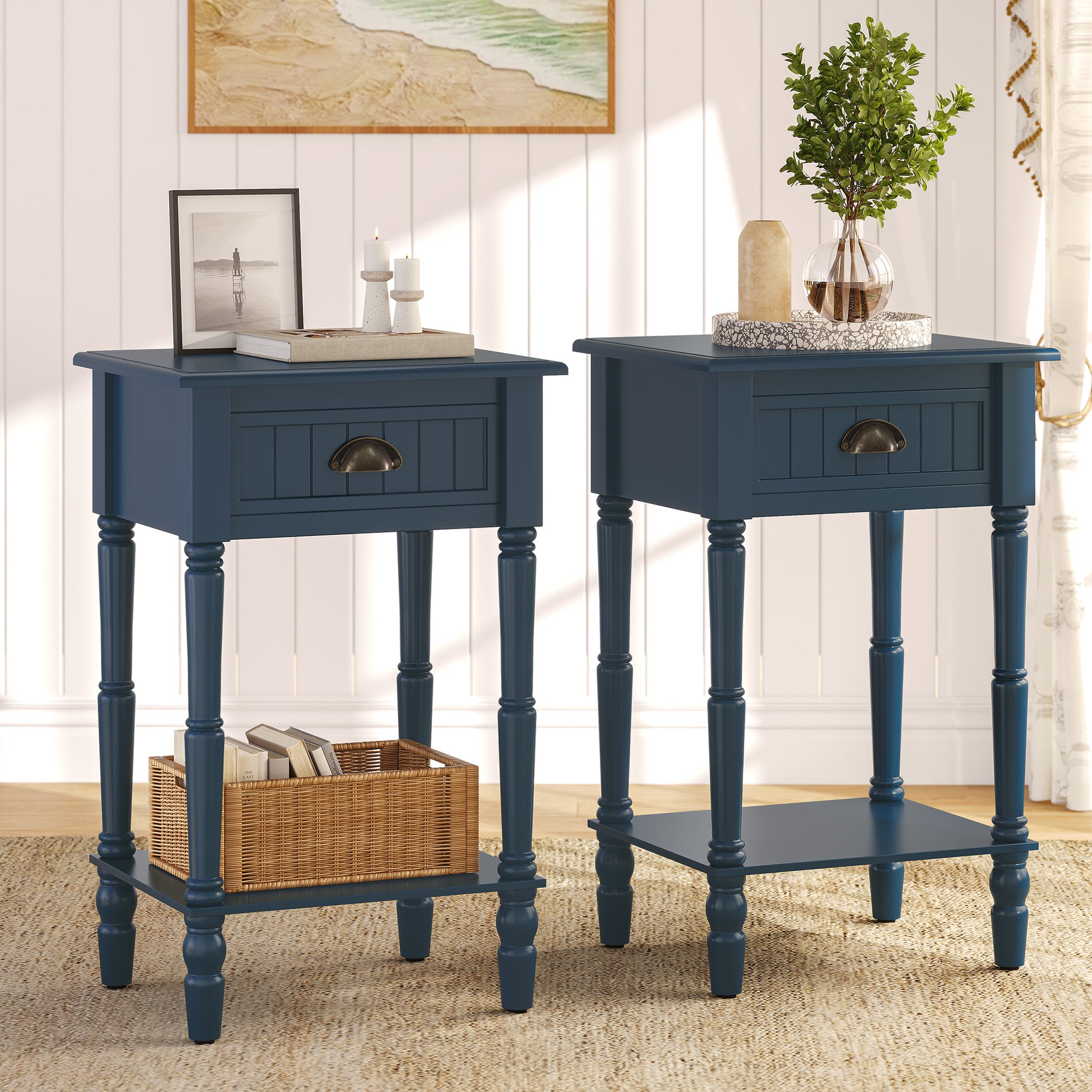 HLR 26"H Modern Nightstands Set of 2 with Drawers, Minimal Assembly Wood End Table for Bedroom, Blue