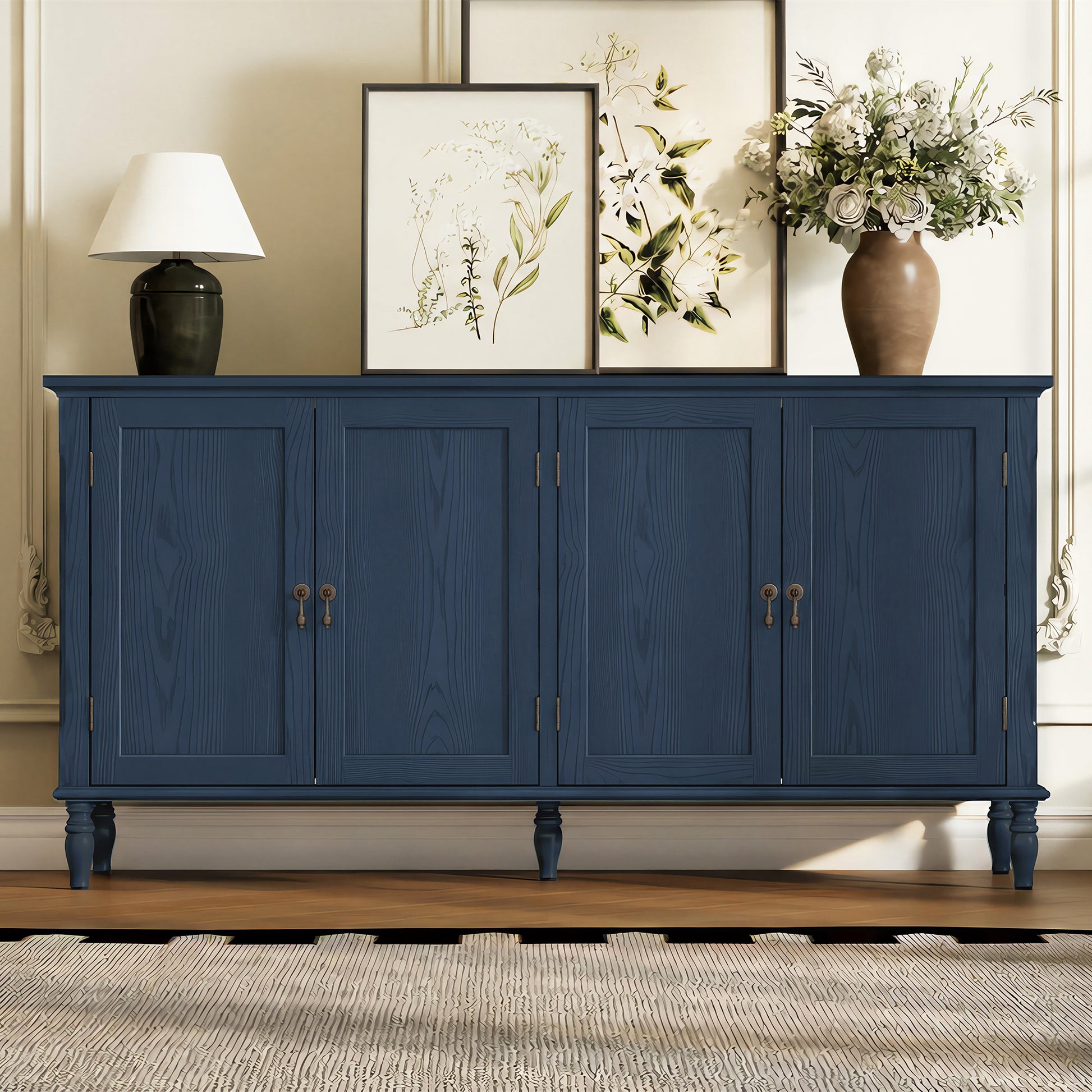 HLR 58'' Large Sideboard Buffet Cabinet with Storage, 4 Doors Modern Credenza Table for Living Room, Navy Blue