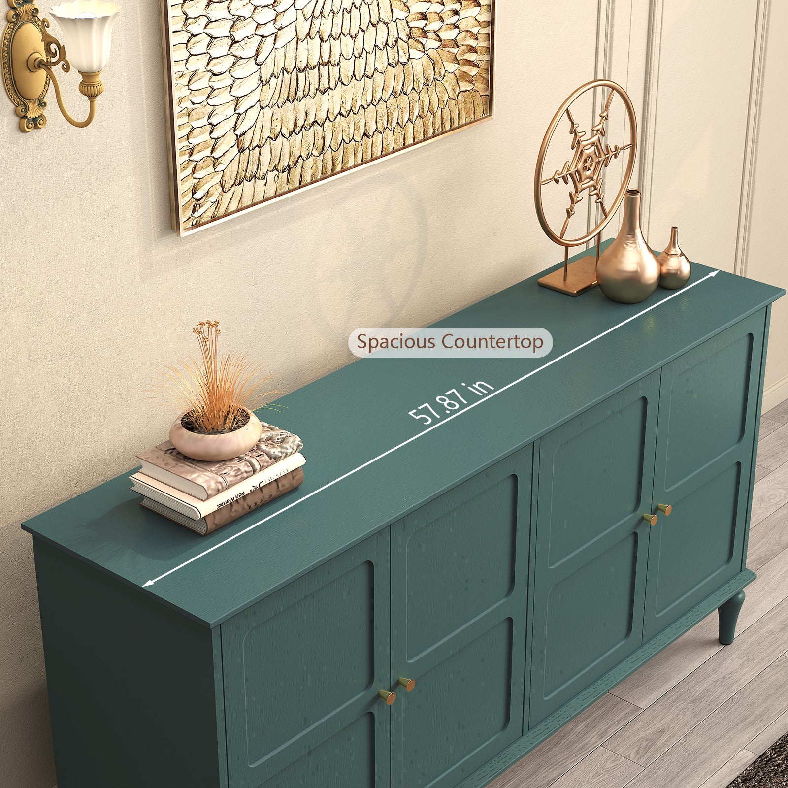 CBJCBJ Mid-Century 58" 4-Door Wood Sideboard Buffet Cabinet with Adjustable partition ，for Dining Room，Green