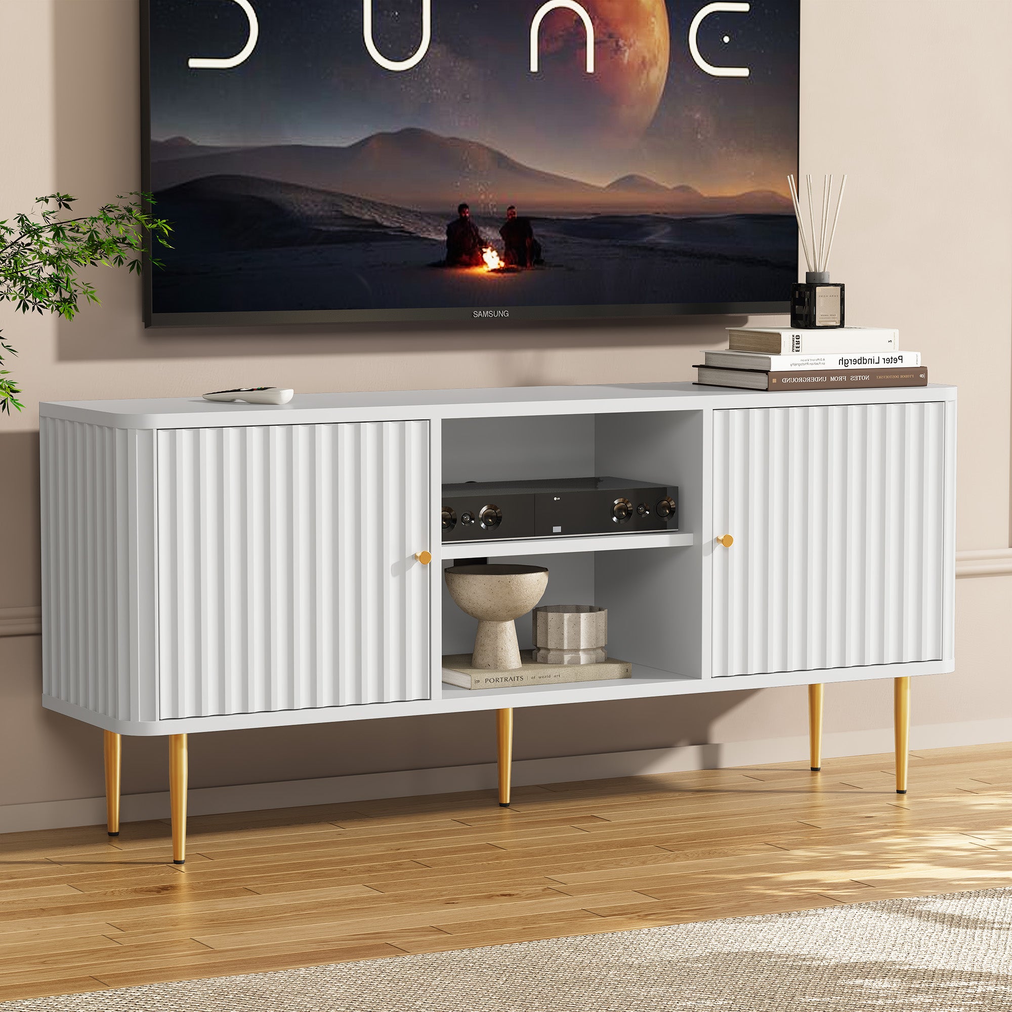 CBJCBJ Modern Fluted 55" TV Stand for 65inch TV with Storage, Entertainment Center for Living Room, White
