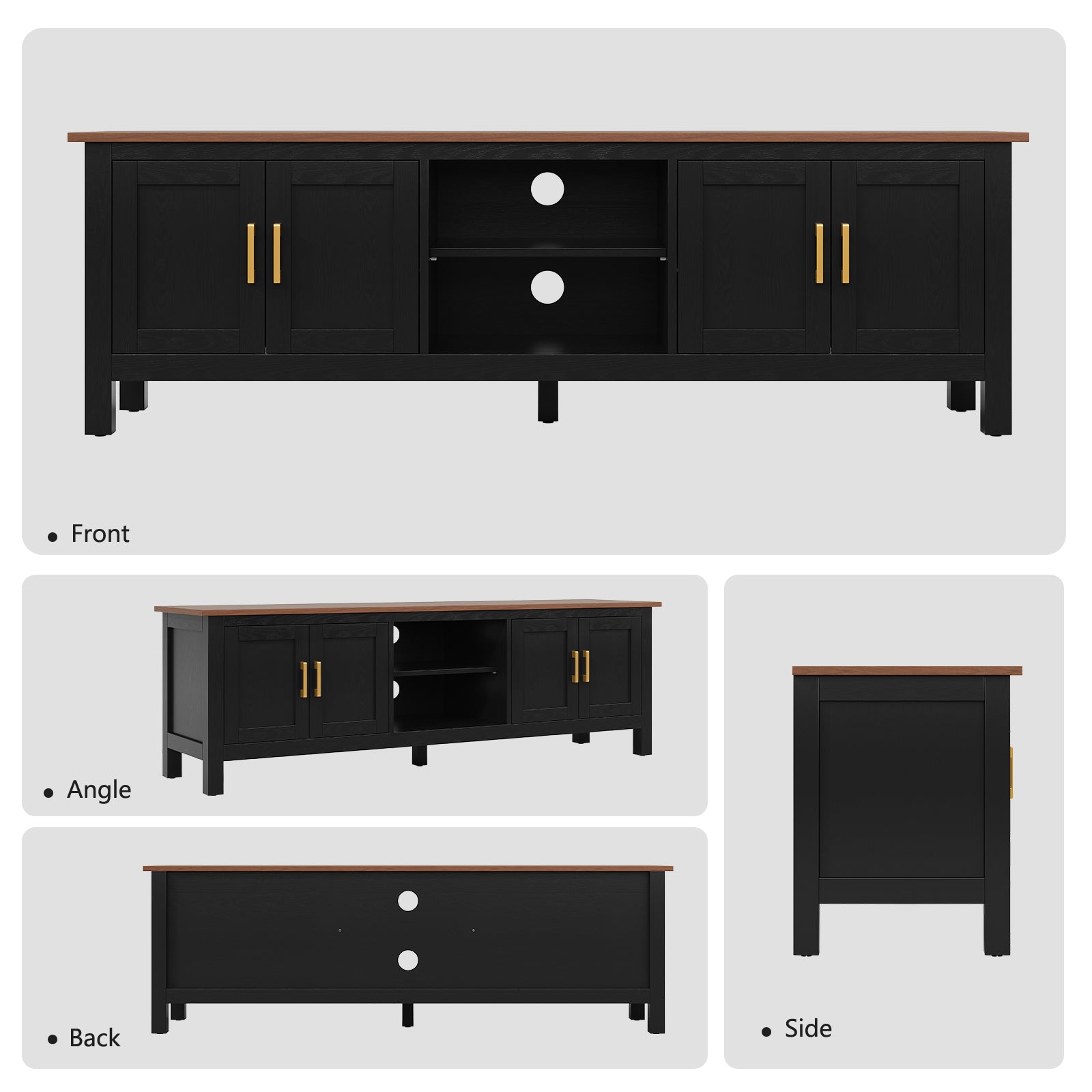 HLR Farmhouse 63" TV Stand, for TVs up to 70", Living Room Wooden Entertainment Center with Storage, Black