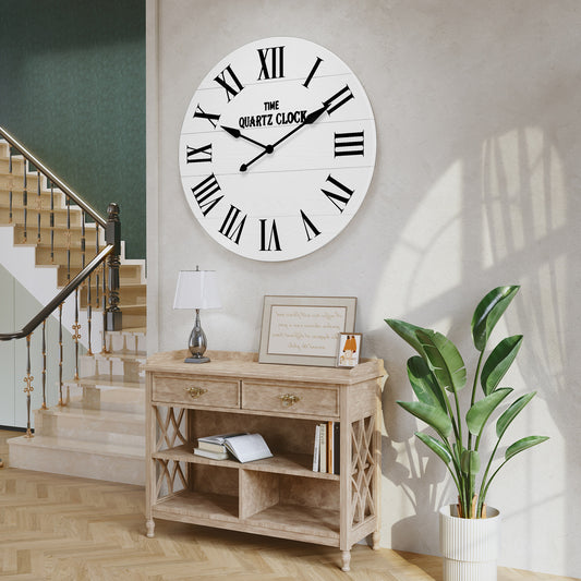 HLR 35.5” Farmhouse Large Shiplap Round Wall Clock with Roman Numeral for Living Room Decor, White