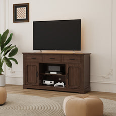 CBJCBJ 60.23" Farmhouse TV Console , 33" Tall Entertainment Center | Up to 65" & Larger TVs | Adjustable Shelf | 3 Drawers & Sliding Barn Doors(BROWN)