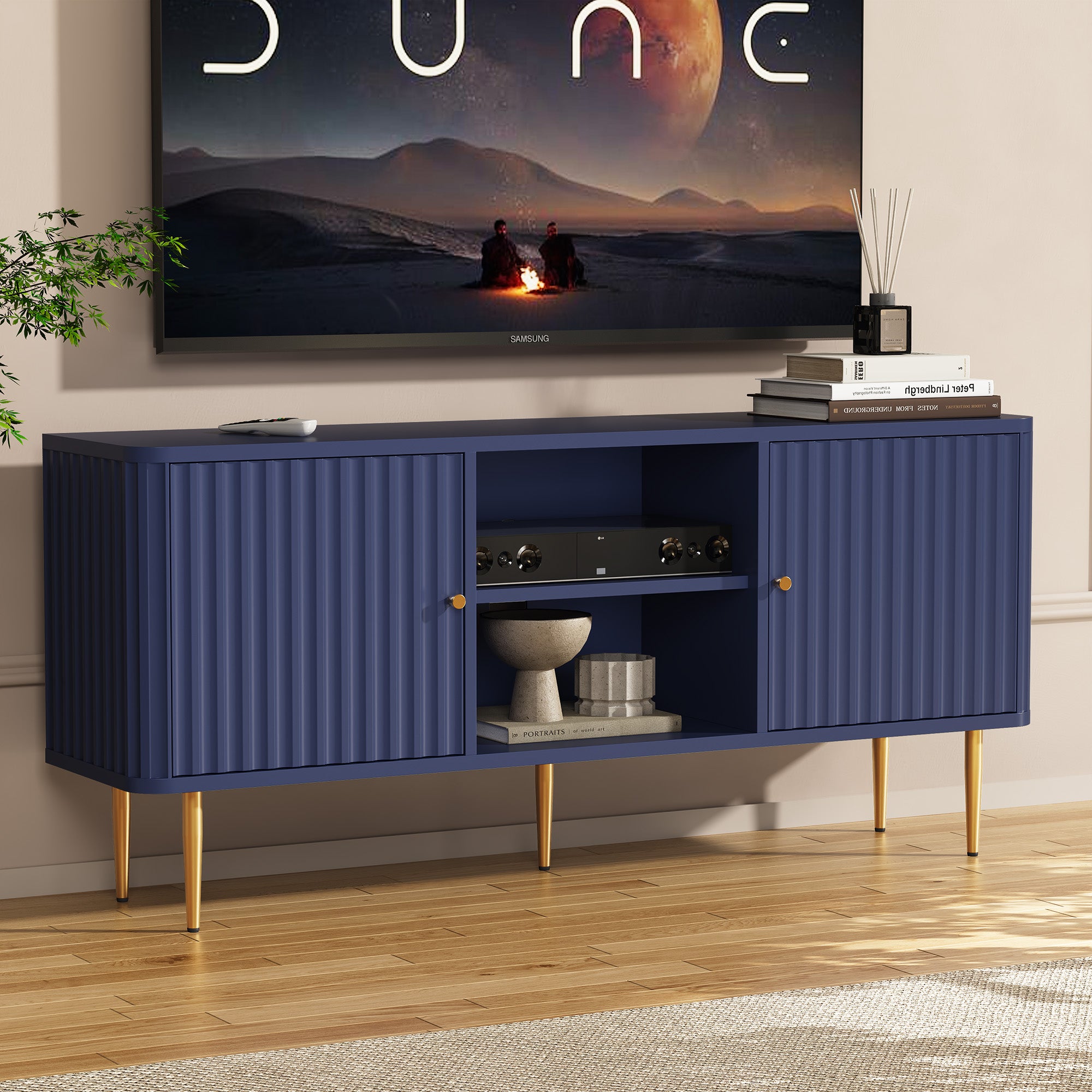 CBJCBJ Modern Fluted 55" TV Stand for 65" TV with Storage, Entertainment Center for Living Room, Blue