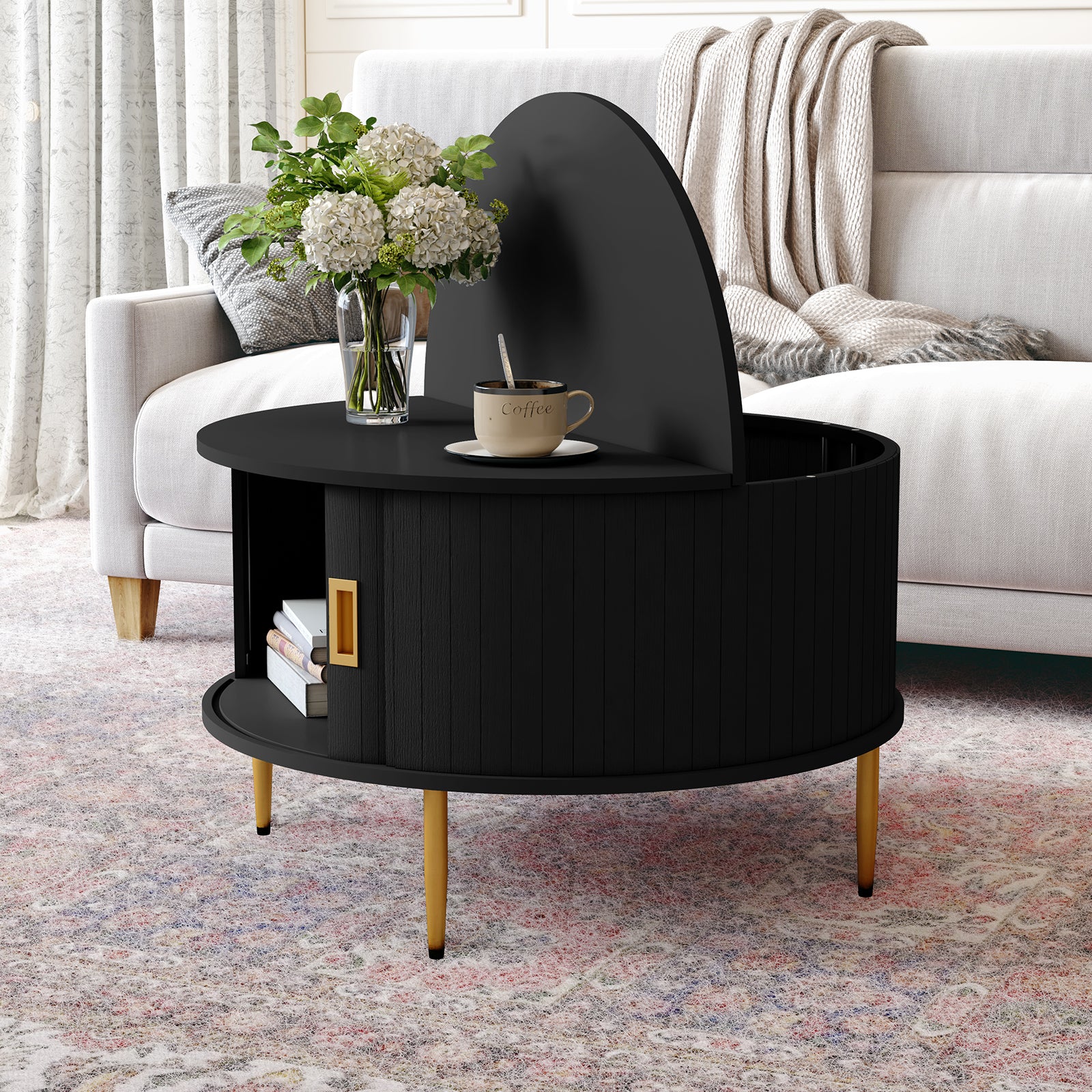 CBJCBJ 31" Modern Round Coffee Table with Sliding Door Storage, Center Table for Living Room, Black
