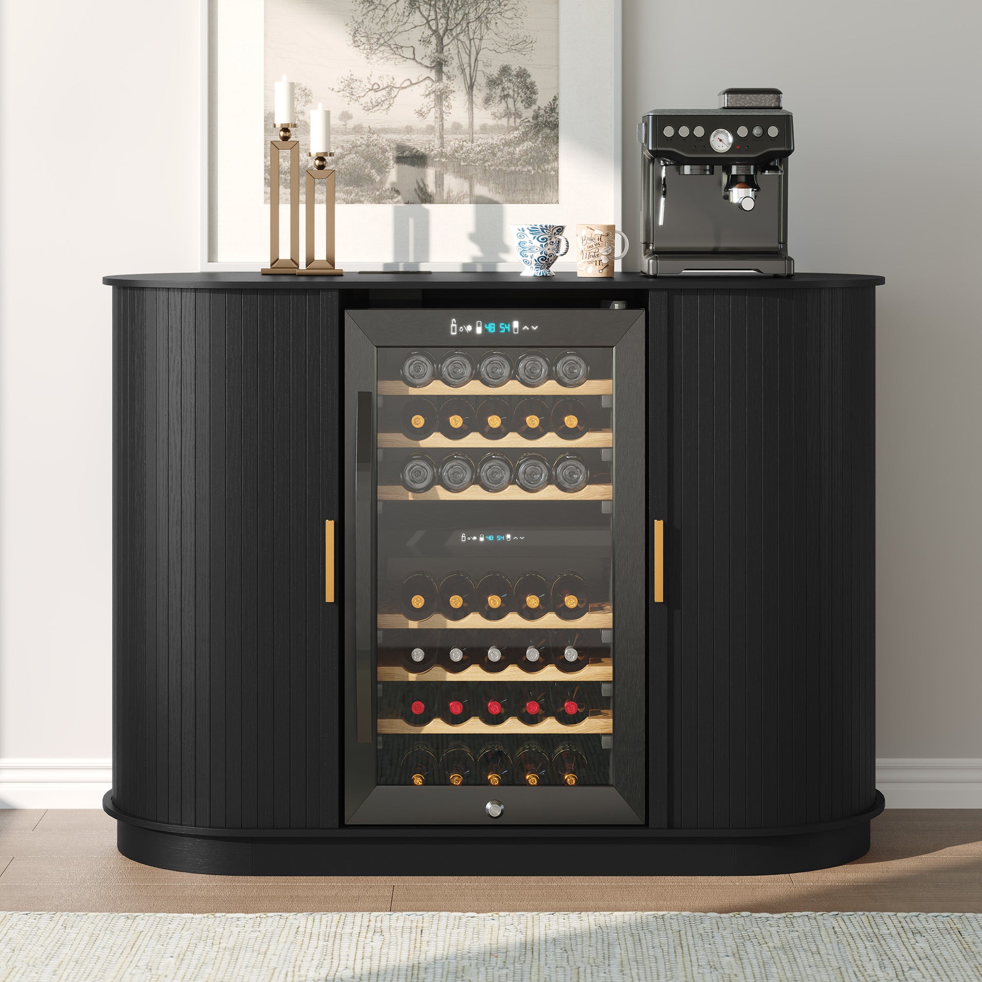 CBJCBJ 53" Wine Bar Cabinet with Tambour Door, Coffee Bar for Dining Room,Black