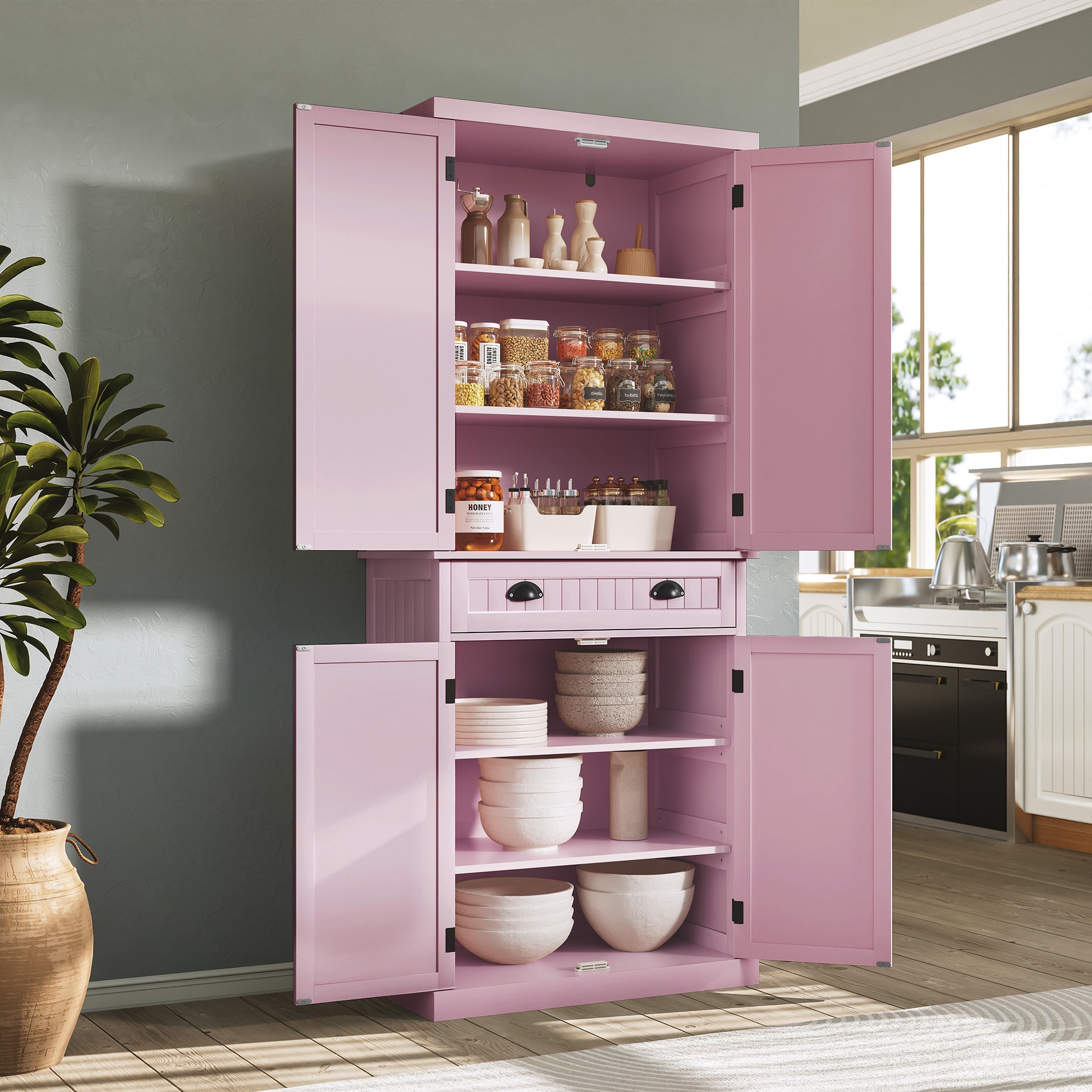 72" Tall Kitchen Pantry Cabinet with Drawer & Adjustable Shelves, Freestanding Storage Cabinet, Pink