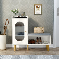 CBJCBJ Modern Storage Bench with Glass Door & Shelf - L-Shaped Entryway Cabinet, Padded Seat for Hallway/Bedroom/Office, White