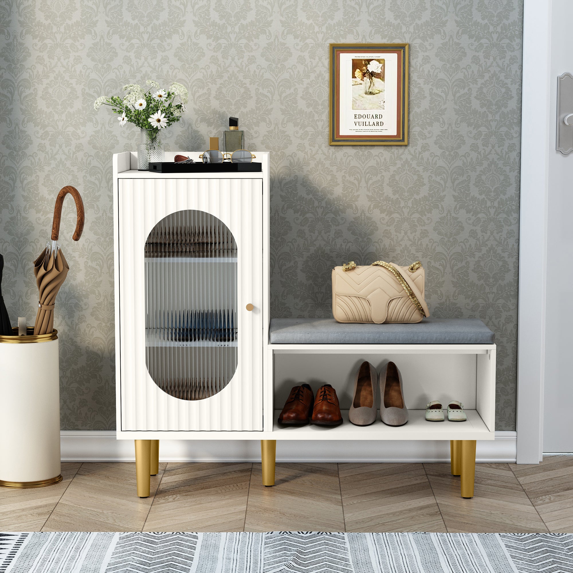 CBJCBJ Modern Storage Bench with Glass Door & Shelf - L-Shaped Entryway Cabinet, Padded Seat for Hallway/Bedroom/Office, White