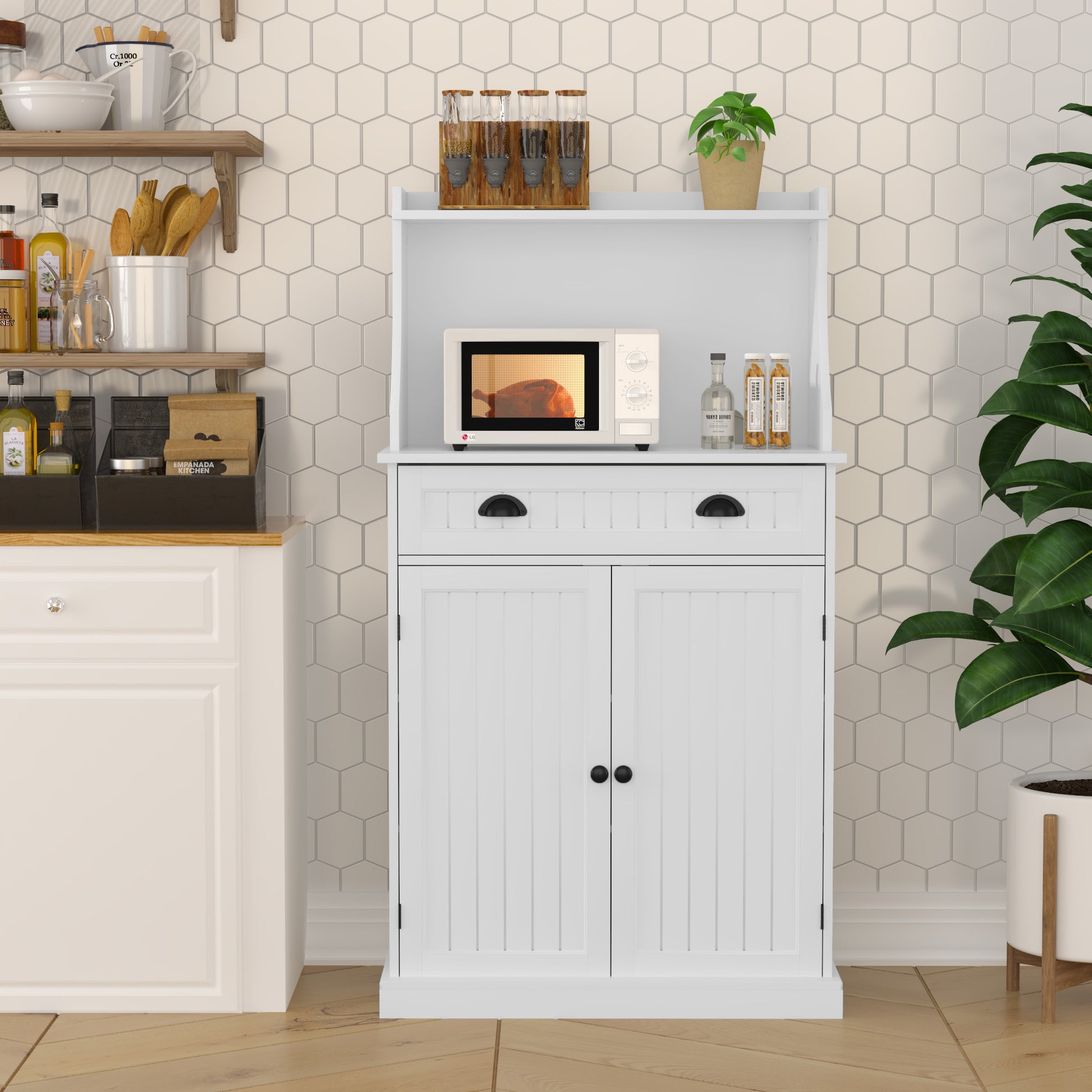 HLR Farmhouse Kitchen Pantry Cabinet with Microwave Stand, 54" Coffee Bar Storage Cabinet, White