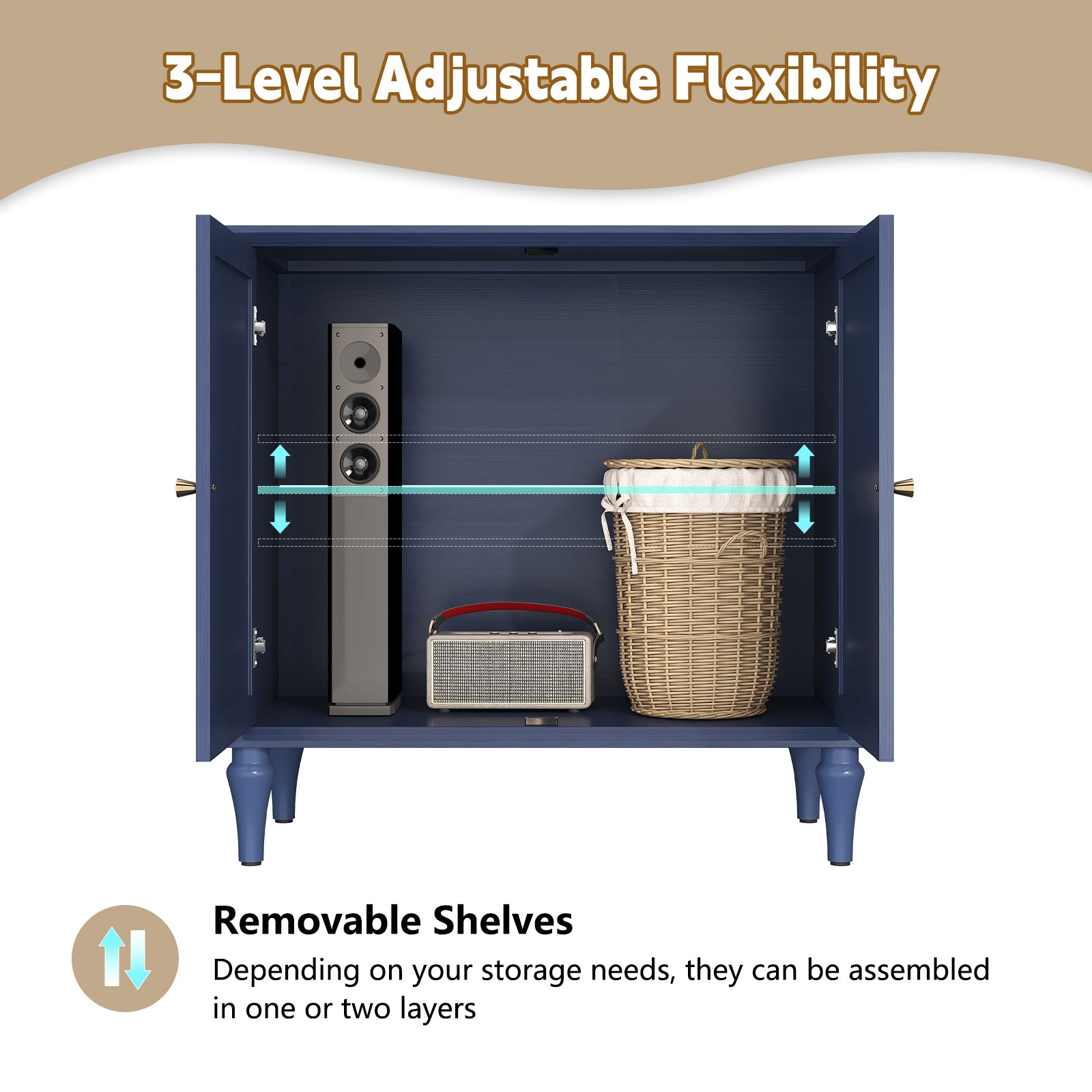 HLR 31.4" W Mid-Century 2 Door Credenzas & Sideboards With Adjustable Shelves, Navy Blue