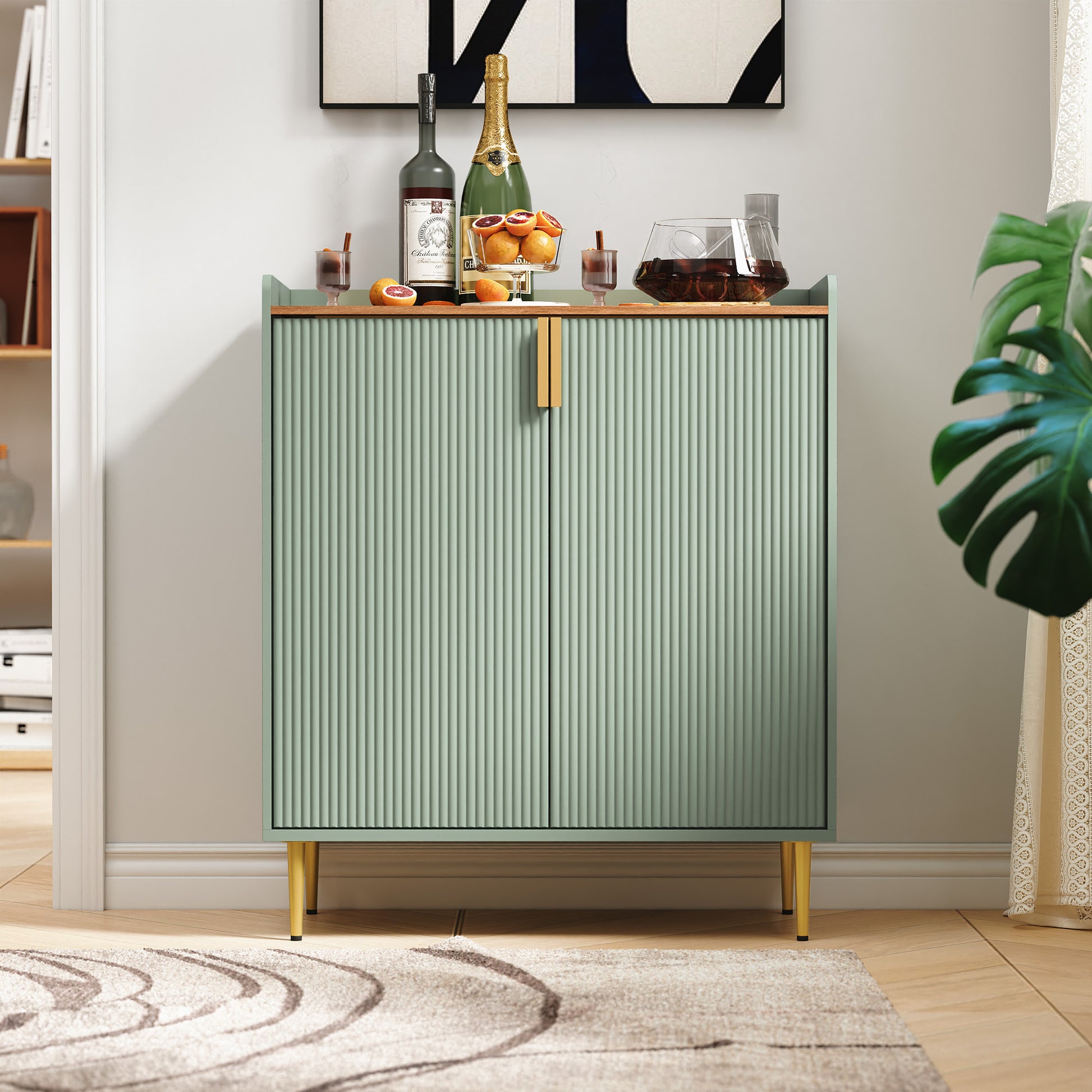 HLR 32"W Wine Bar Cabinet with 2 Door Fluted Texture, Modern Coffee Cabinet with Rack&Glass Holder,Sage Green