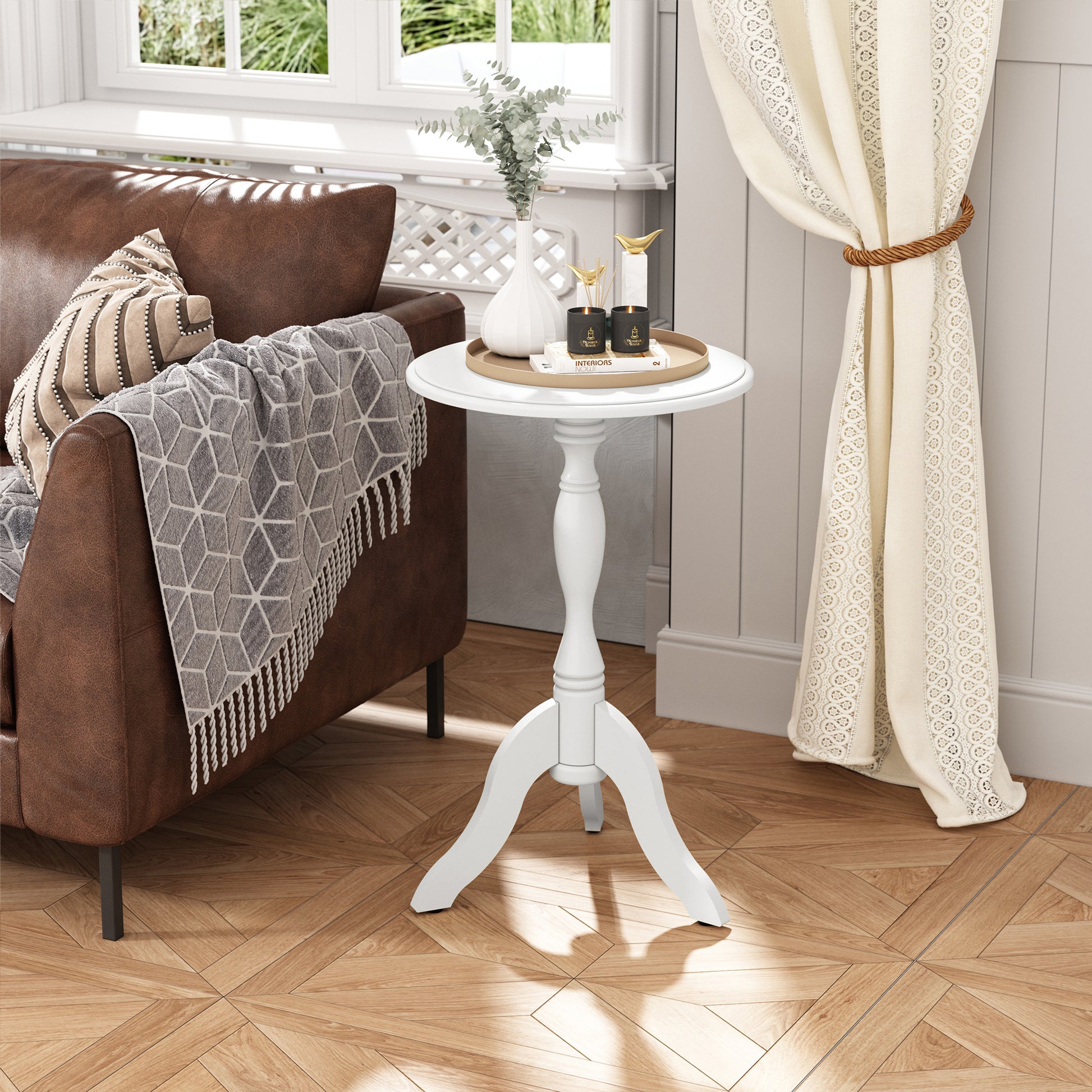 HLR Round Small End Table, Wooden Pedestal Side Coffee Table, Vintage Accent Nightstand for Living Room, Bedroom, Entryway, White