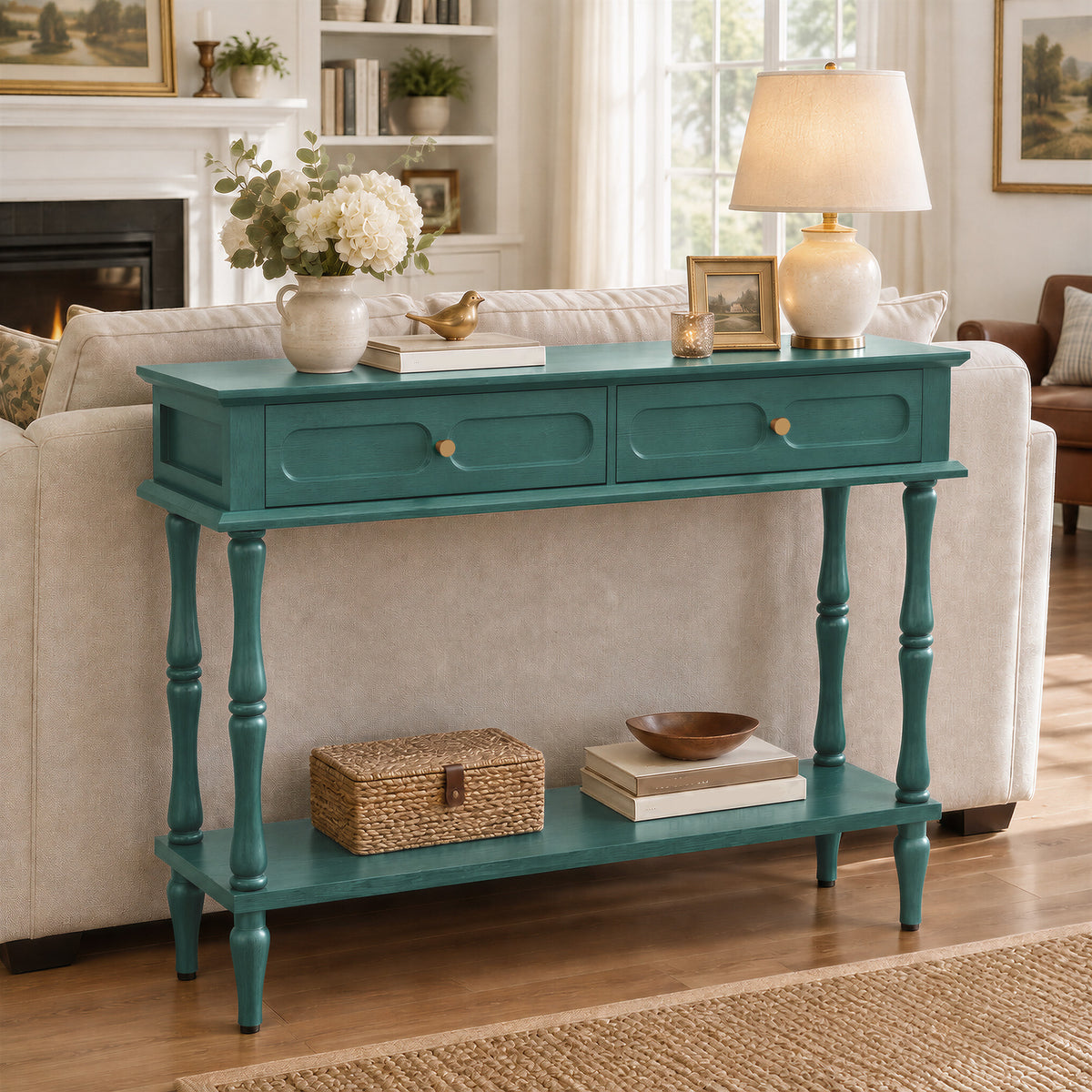 HLR 41" Mid Century Console Tables, Entryway Tables with 2 Drawers, 10 Mins Assembly, Green