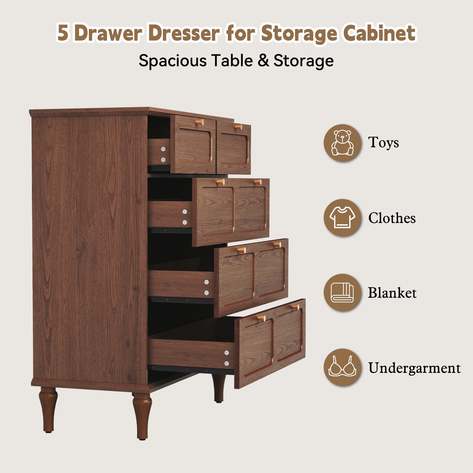 CBJCBJ 31.5" 5 Drawers Dressers, Large Floor Mid-Century Chest of Drawers for Bedroom, Hallway, Brown