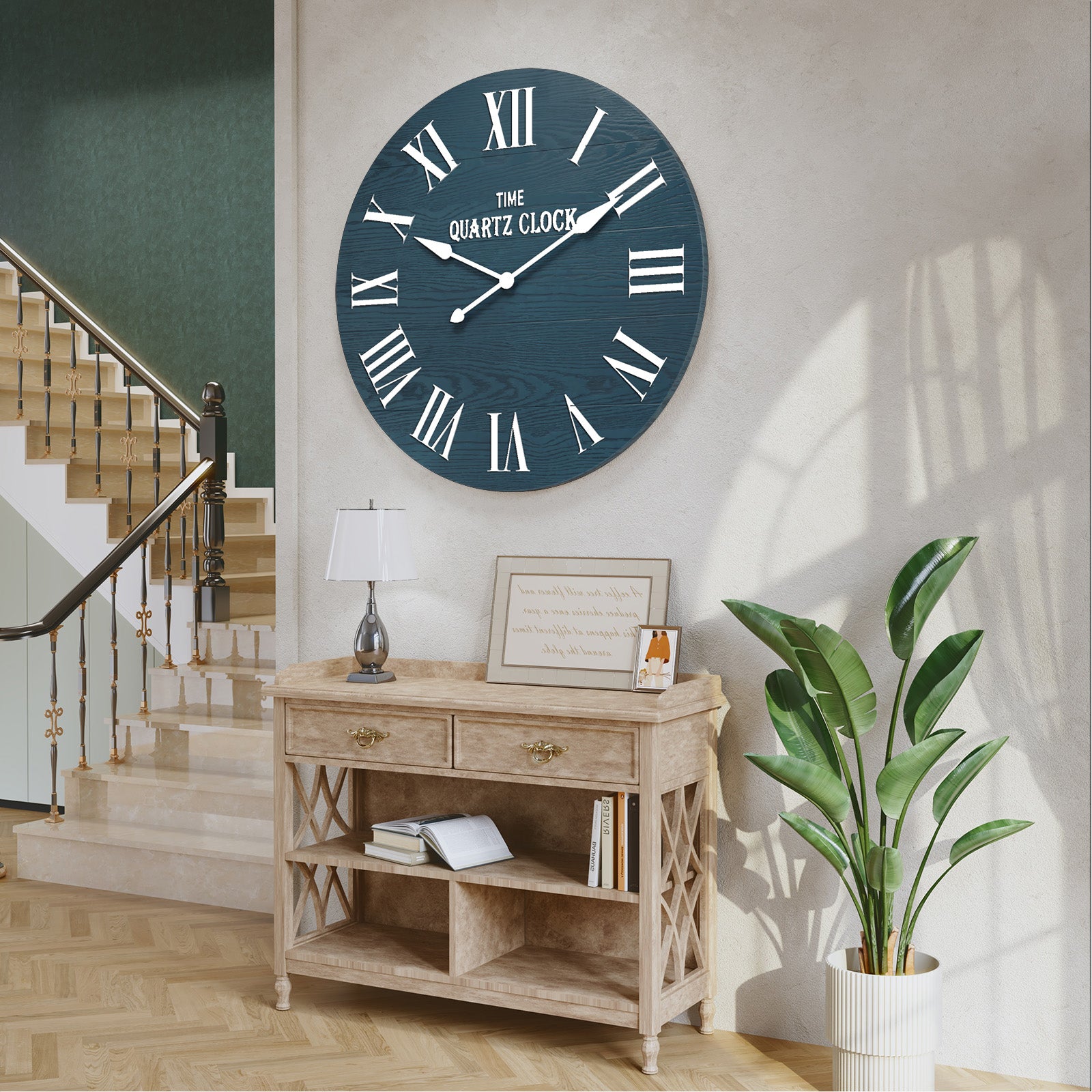 HLR 35.5” Farmhouse Large Shiplap Round Wall Clock with Roman Numeral for Living Room Decor, Navy Blue