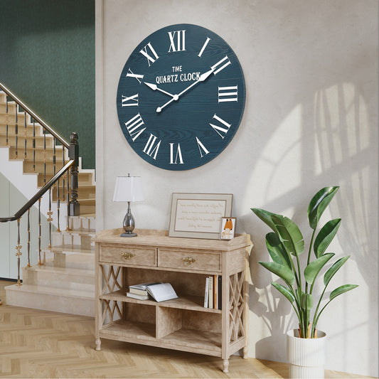 HLR 35.5” Farmhouse Large Shiplap Round Wall Clock with Roman Numeral for Living Room Decor, Navy Blue