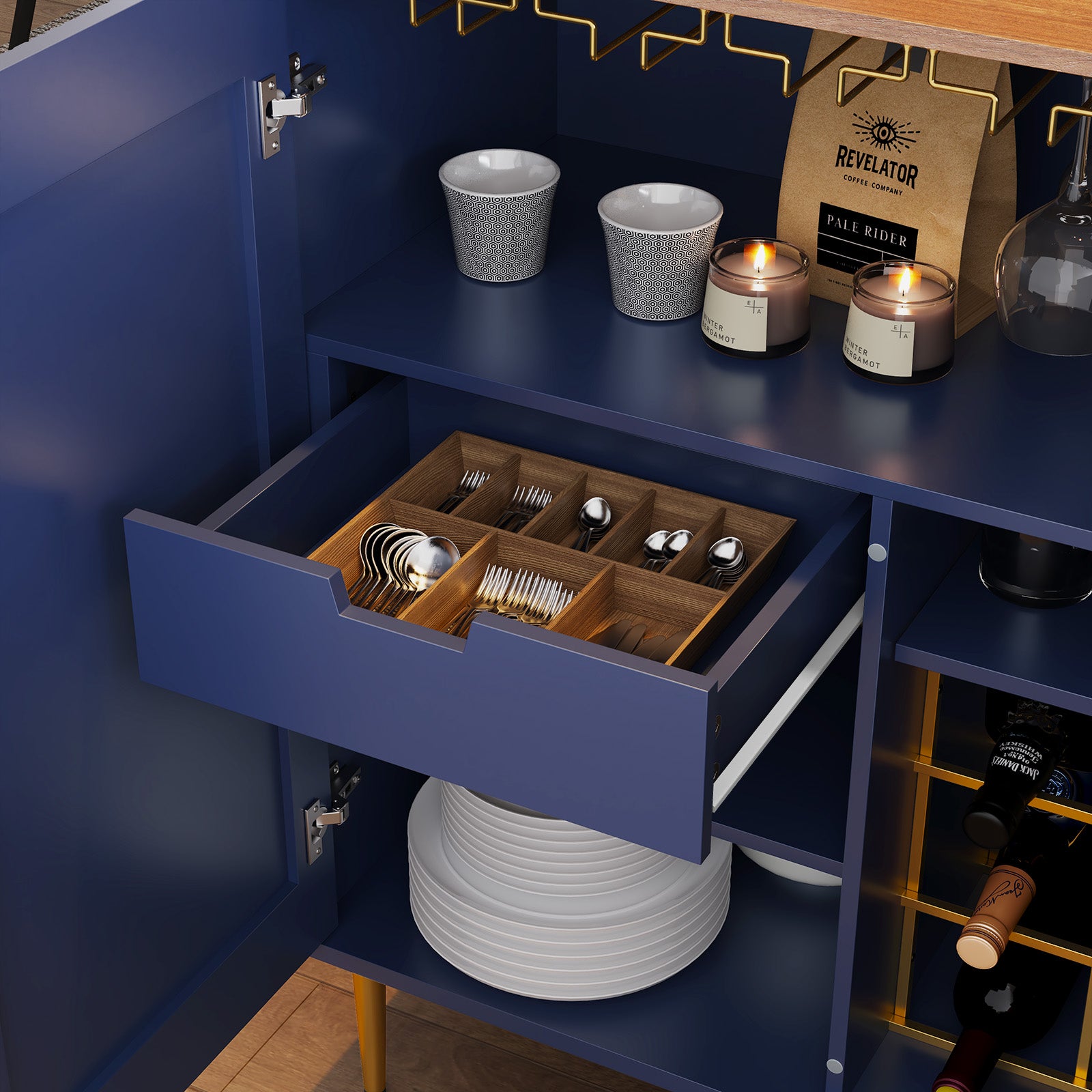 CBJCBJ 32" Wine Bar Cabinet with 2 Door Fluted Texture, Modern Coffee Cabinet with Rack&Glass Holder, , Blue