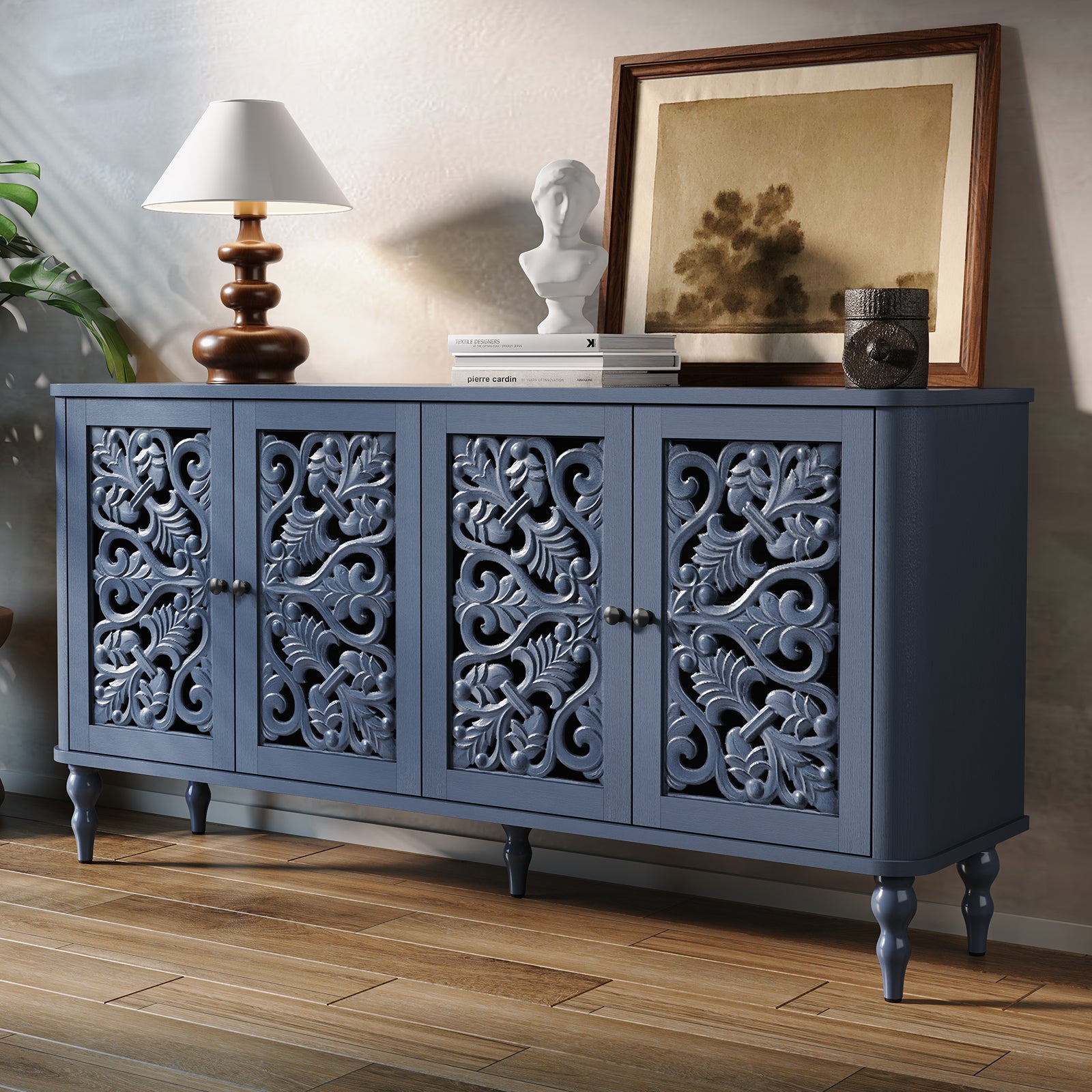 CBJCBJ 63" Retro Arc Carved Sideboard Buffet Cabinet, Wooden Credenza Storage for Dining Room, Blue