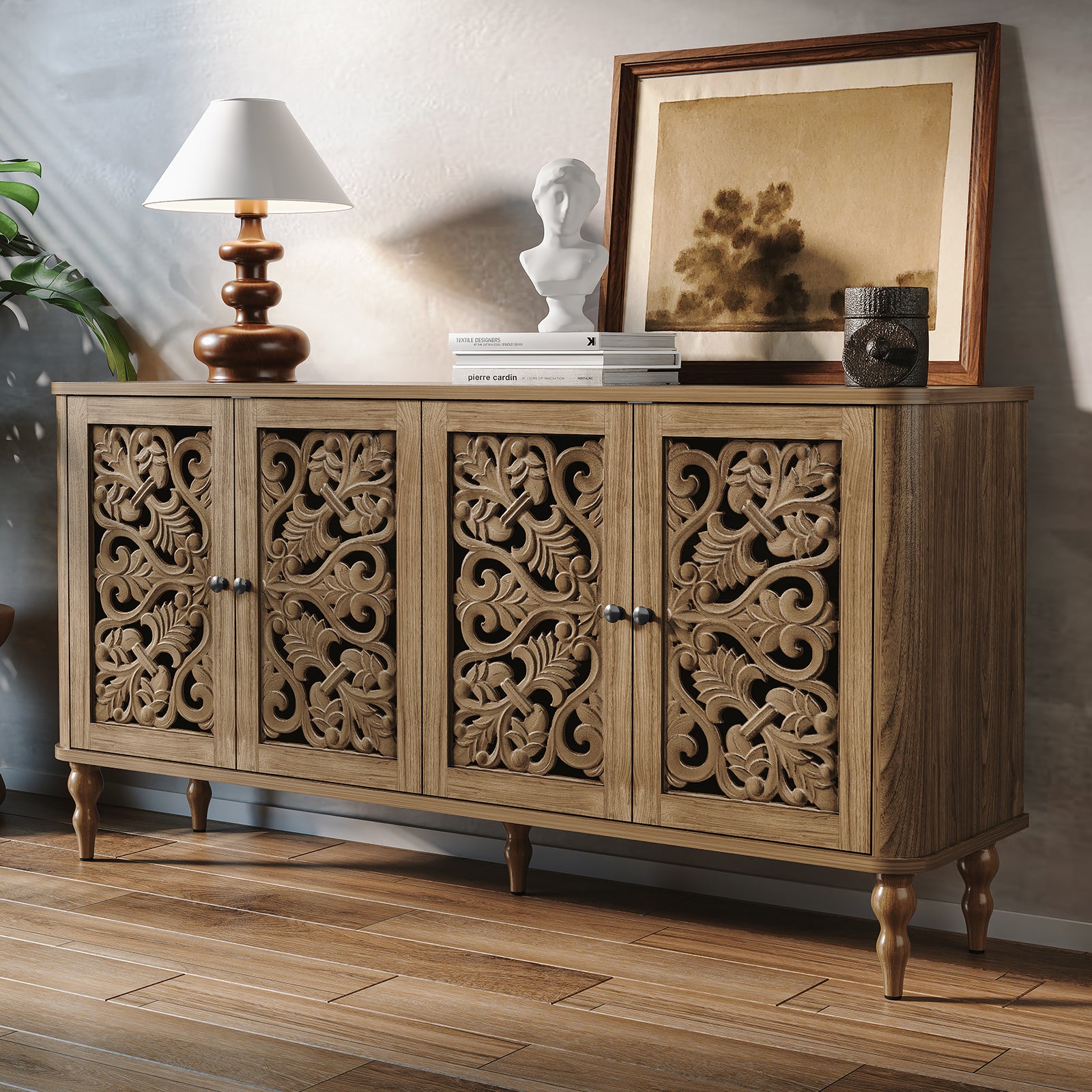 CBJCBJ 63" Retro Arc Carved Sideboard Buffet Cabinet, Wooden Credenza Storage for Dining Room, Brown