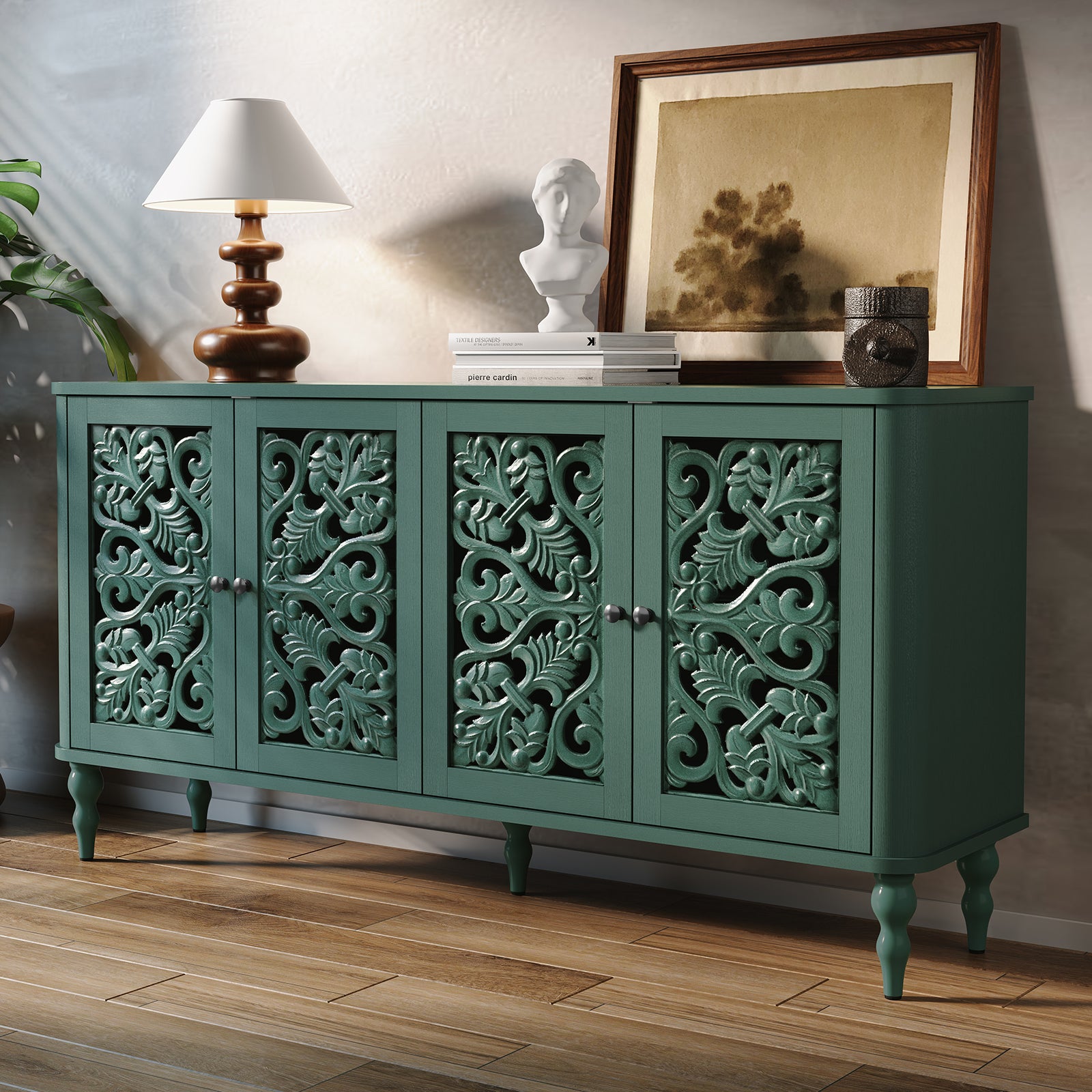 CBJCBJ 63" Retro Arc Carved Sideboard Buffet Cabinet, Wooden Credenza Storage for Dining Room, Green