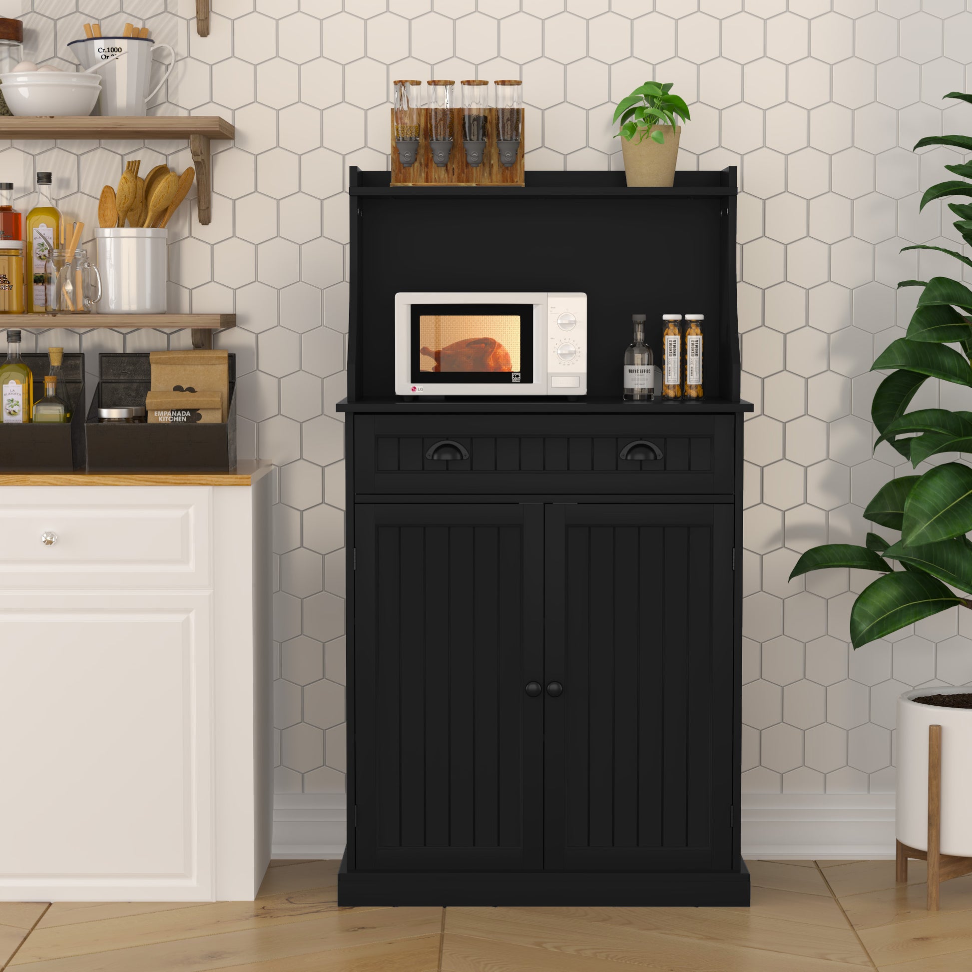 HLR 54" Kitchen Pantry Cabinet with Door & Shelves, Sideboard Buffet Cabinet with Microwave Stand for Dining Room, Black