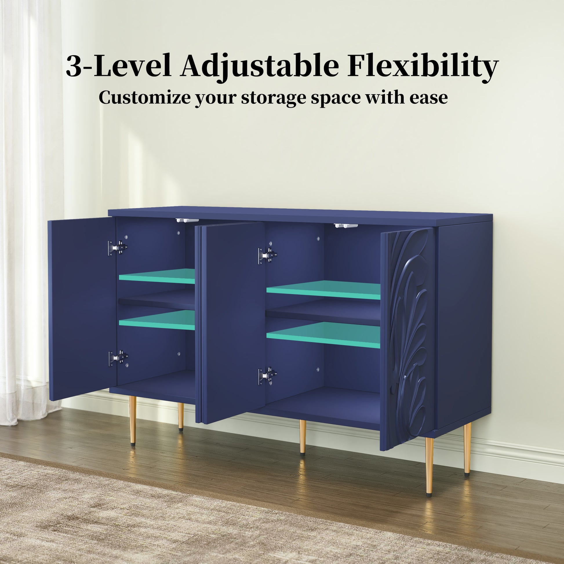 CBJCBJ 47.24"W Modern 4-Door Credenza with 3D Floral Doors & Shelves, Storage Sideboard for Dining Room, Kitchen,Blue