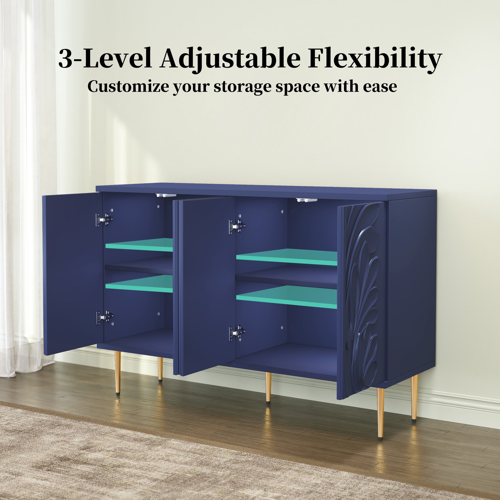 CBJCBJ 47.24"W Modern 4-Door Credenza with 3D Floral Doors & Shelves, Storage Sideboard for Dining Room, Kitchen,Blue